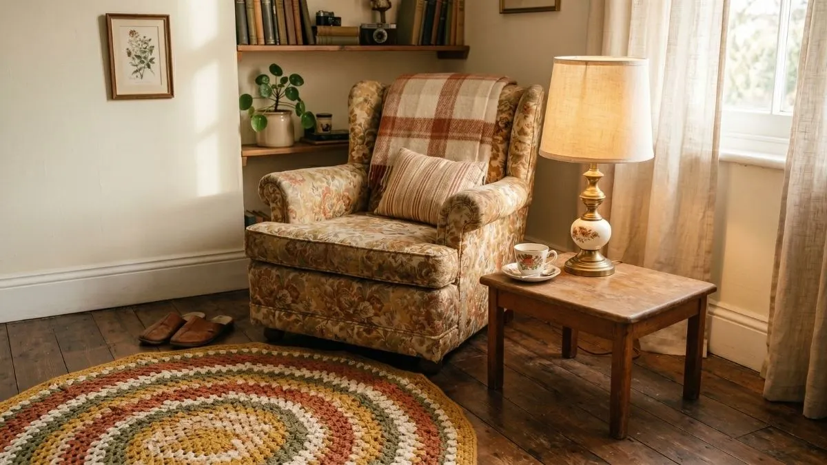 Crochet rugs styled in a cosy vintage-inspired living room corner