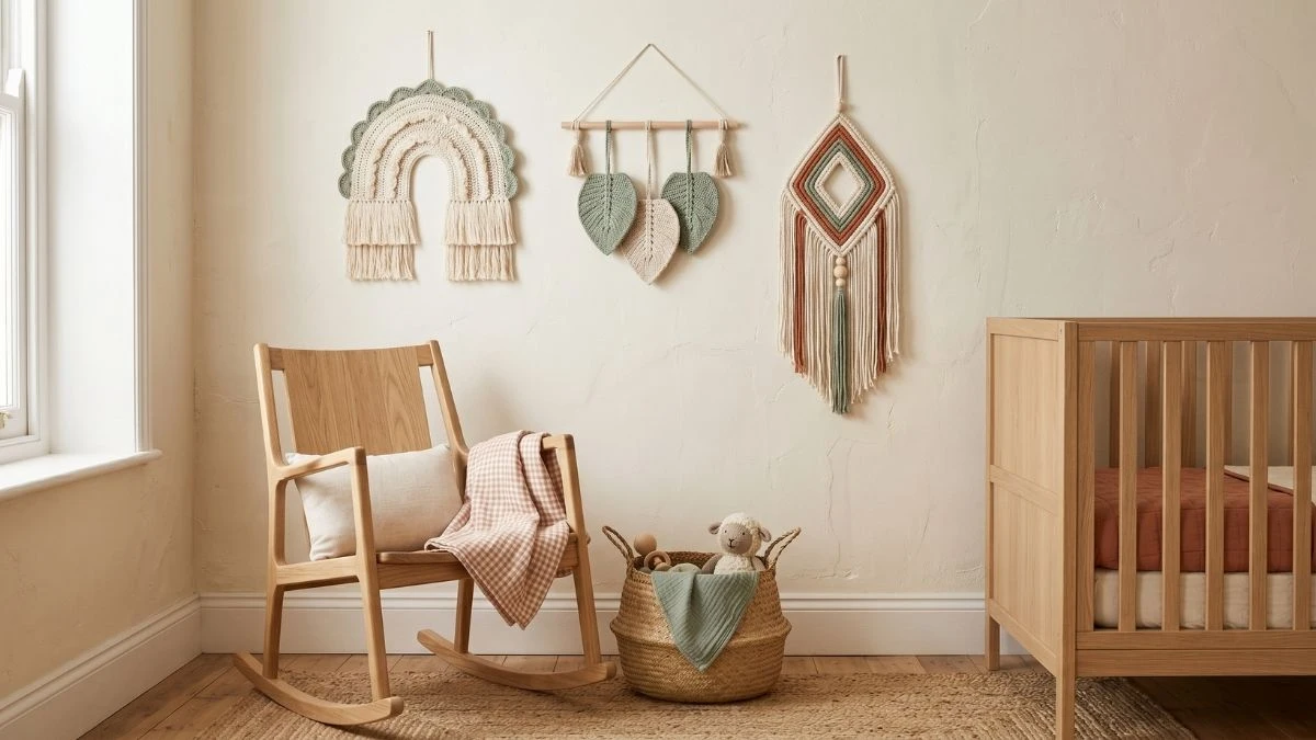 Calm nursery corner styled with three crochet wall hangings in muted sage and cream