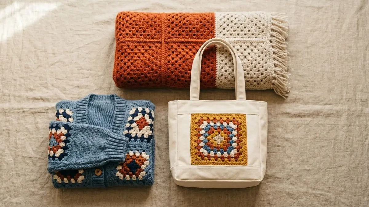 Flat lay of three modern granny square textile pieces on a warm linen surface — a color-blocked terracotta throw, a structured ivory cotton tote bag, and a folded dusty-blue modular cardigan.