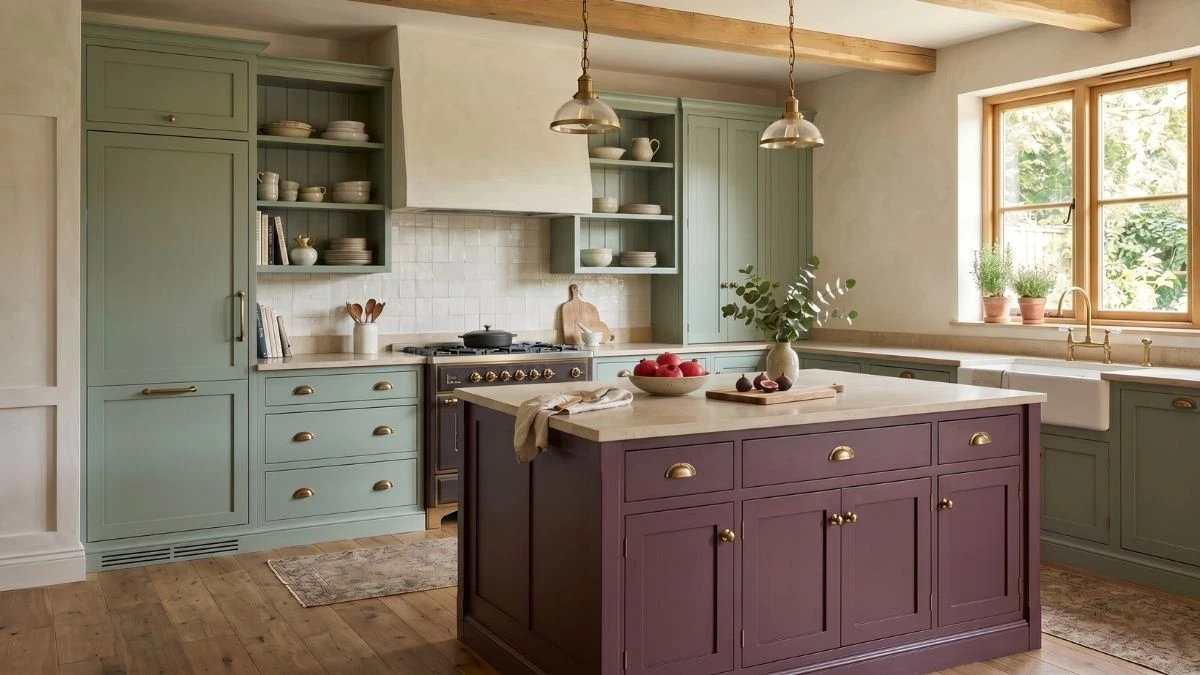 editorial kitchen interior with aubergine island and sage green cabinet wall 2026