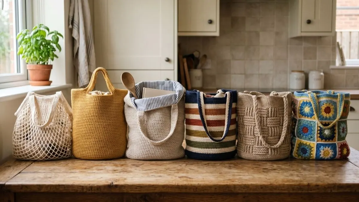 Six different crochet tote bag styles arranged together on a wooden kitchen table in natural light