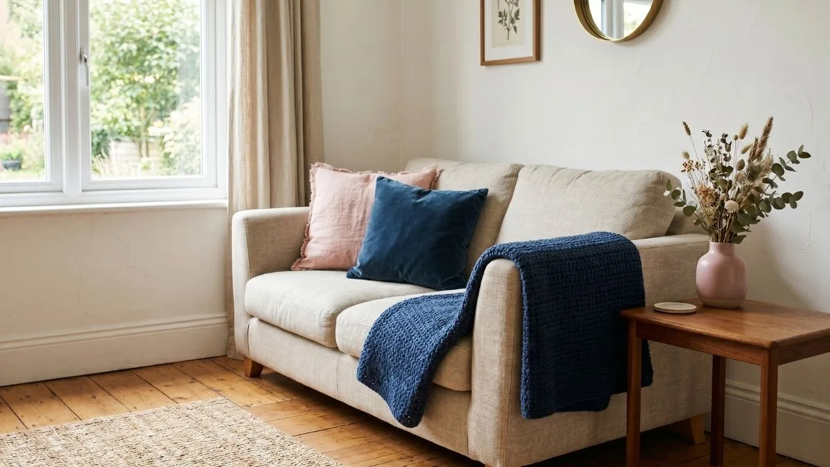 A cream linen sofa with a vintage pink cushion, a moody blue velvet cushion, and a moody blue crochet throw draped over the arm, beside a wooden side table with a pink ceramic vase of dried stems
