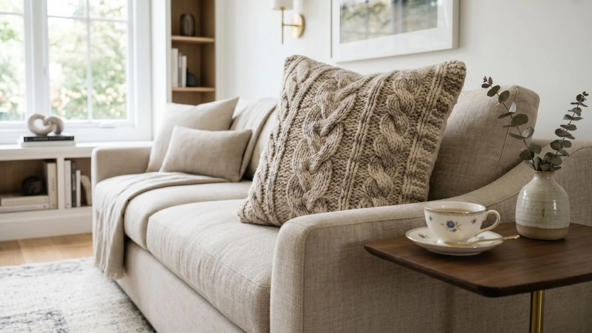 A cozy, sophisticated living room featuring a heavy cable knit throw pillow on a beige sofa next to a delicate tea cup.