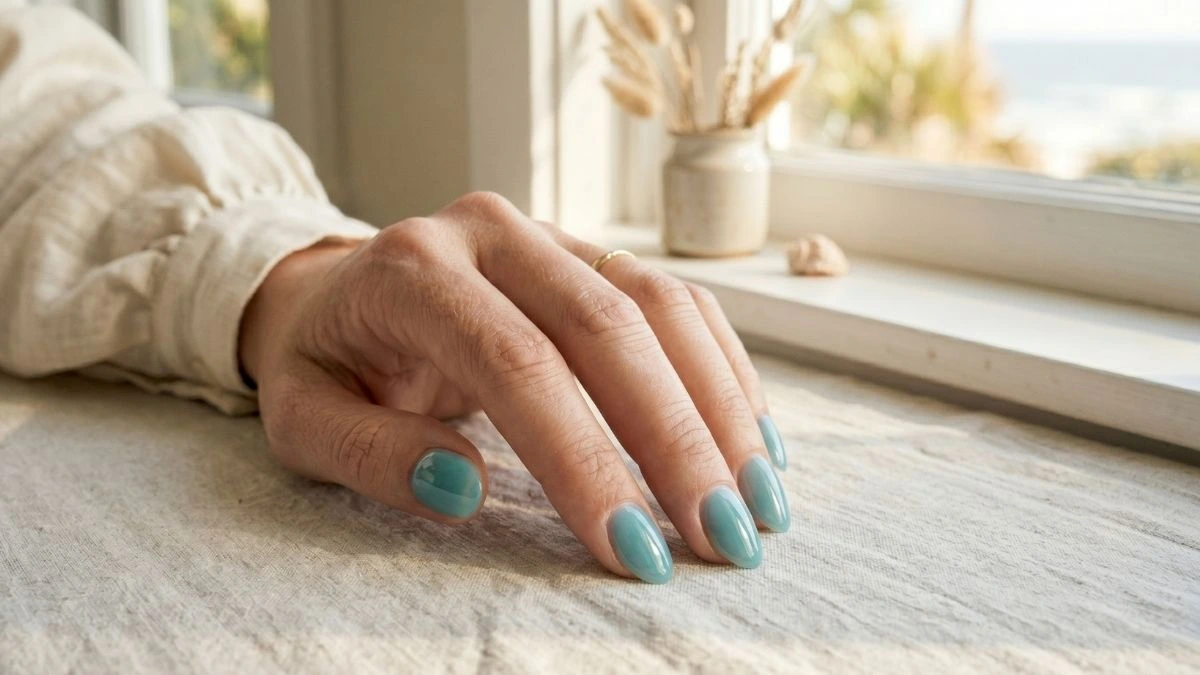 Short almond nails painted in glossy sea-glass blue jelly polish resting by a window