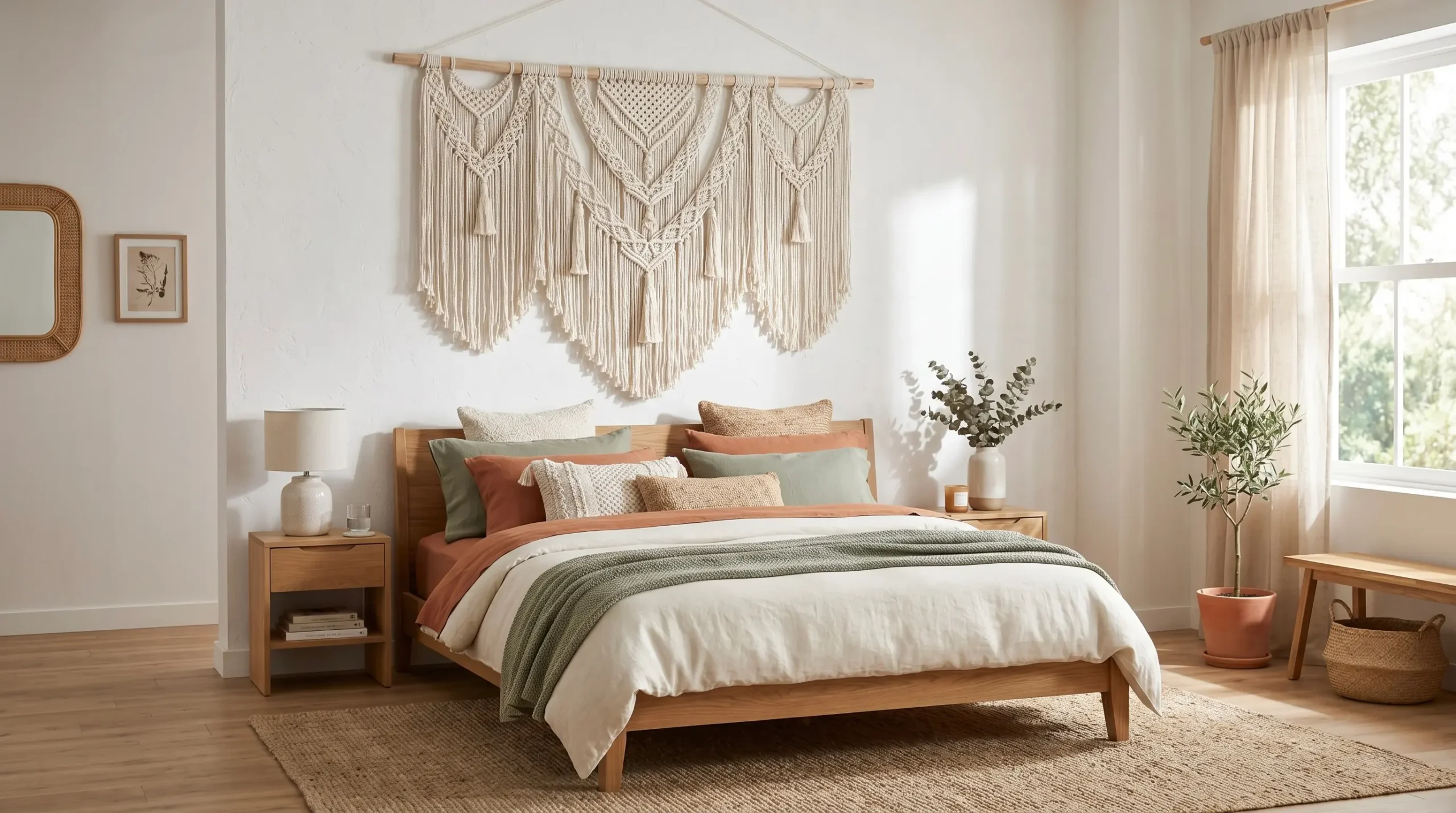 A large, intricate off-white macrame wall hanging displayed above a minimalist wooden bed in a luxurious boho bedroom retreat, bathed in soft sunlight.