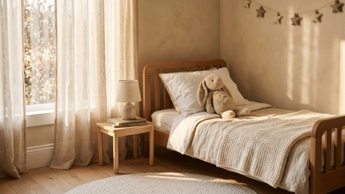A neatly made toddler bed with a soft blanket and plush toy bathed in warm afternoon light