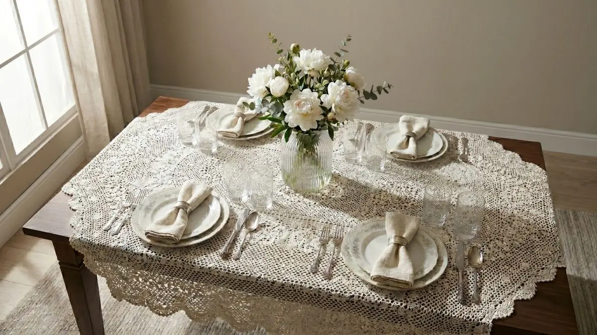 High-angle photograph of an elegantly set wooden dining table with a vintage crochet tablecloth, antique plates, silver, and white peonies.