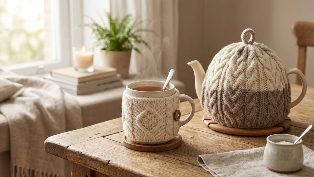 A chunky cable-knit mug cozy on a ceramic tea mug with matching teapot warmer on a rustic wooden table.