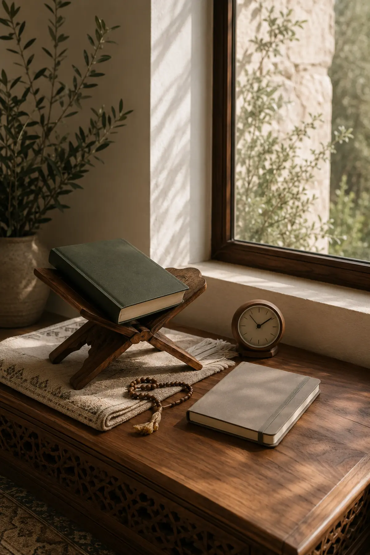 The 20-Minute Weekly Reset That Fits Real Life—Without Giving Up a Whole Day 2 Folded prayer rug, closed Quran on a wooden stand, misbaha, clock, and blank planner beside a sunlit window
