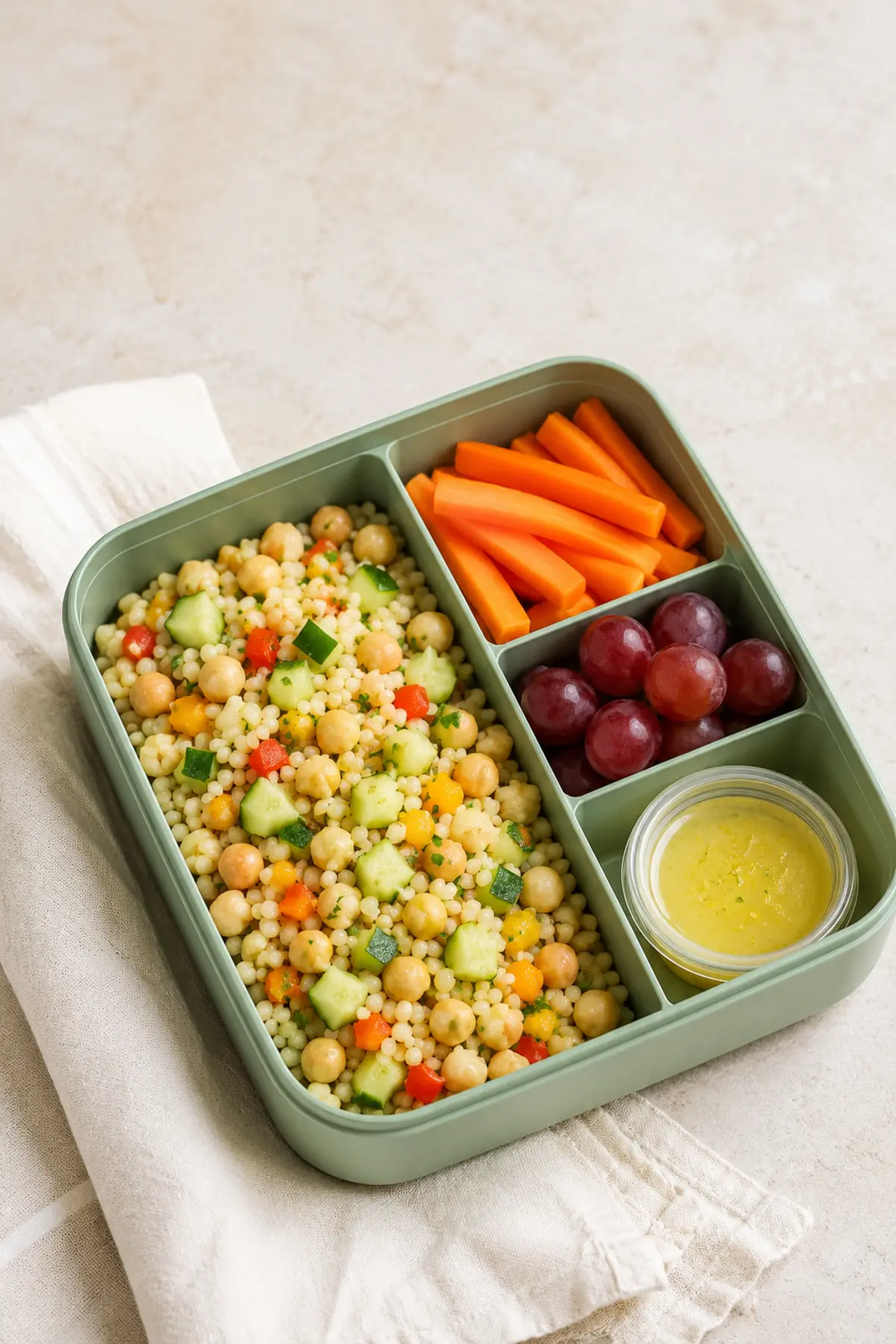 Chickpea couscous lunchbox with cucumber, carrots, grapes and lemon dressing