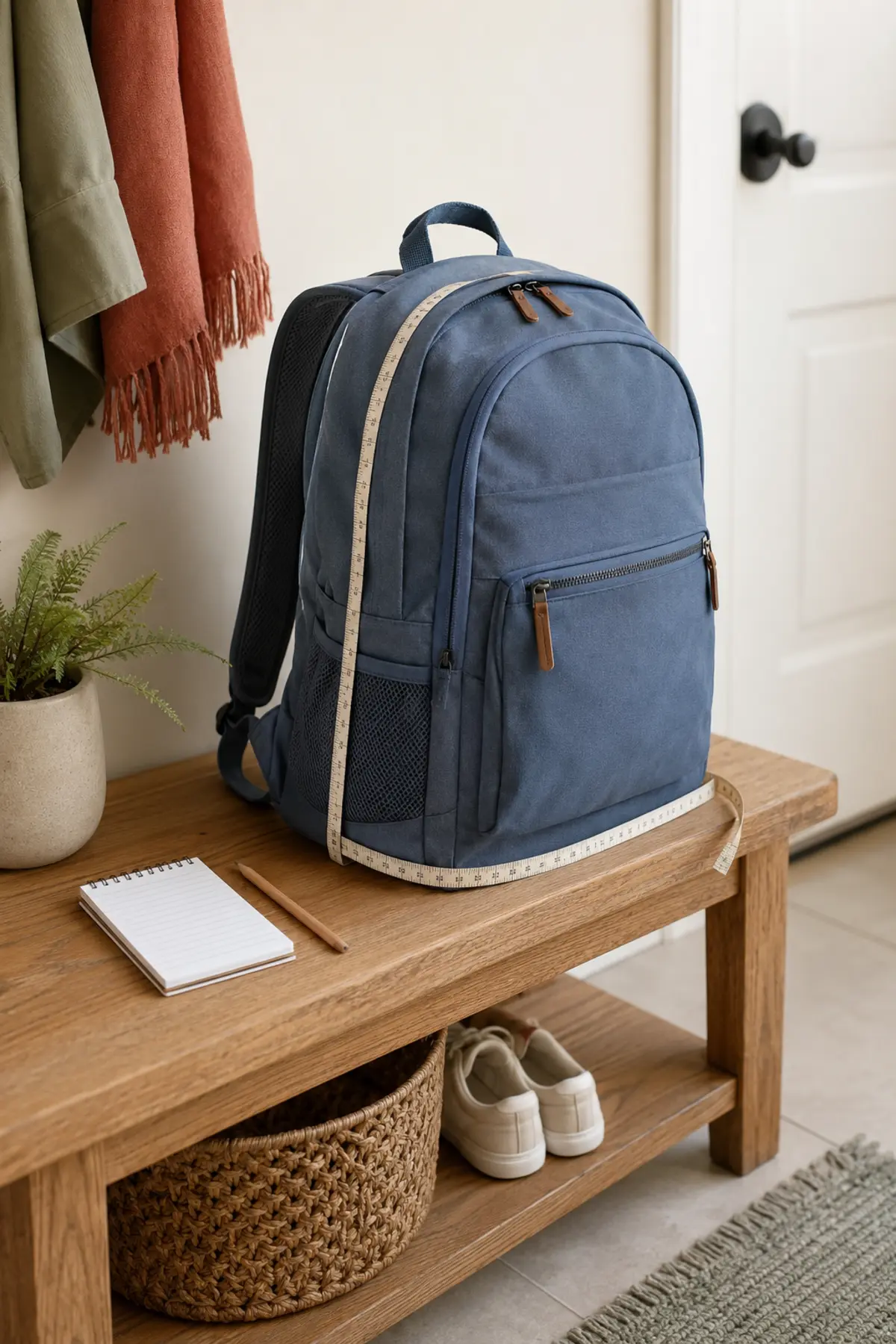 Loaded blue school backpack measured on a low wooden entryway bench