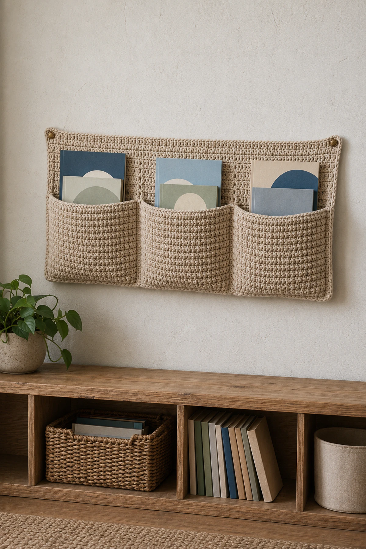 Crochet Book Pockets for Reading Corners—6 Soft Storage Ideas Worth Showing an Artisan 2 Low three-pocket crochet book organizer mounted above an oak bookcase