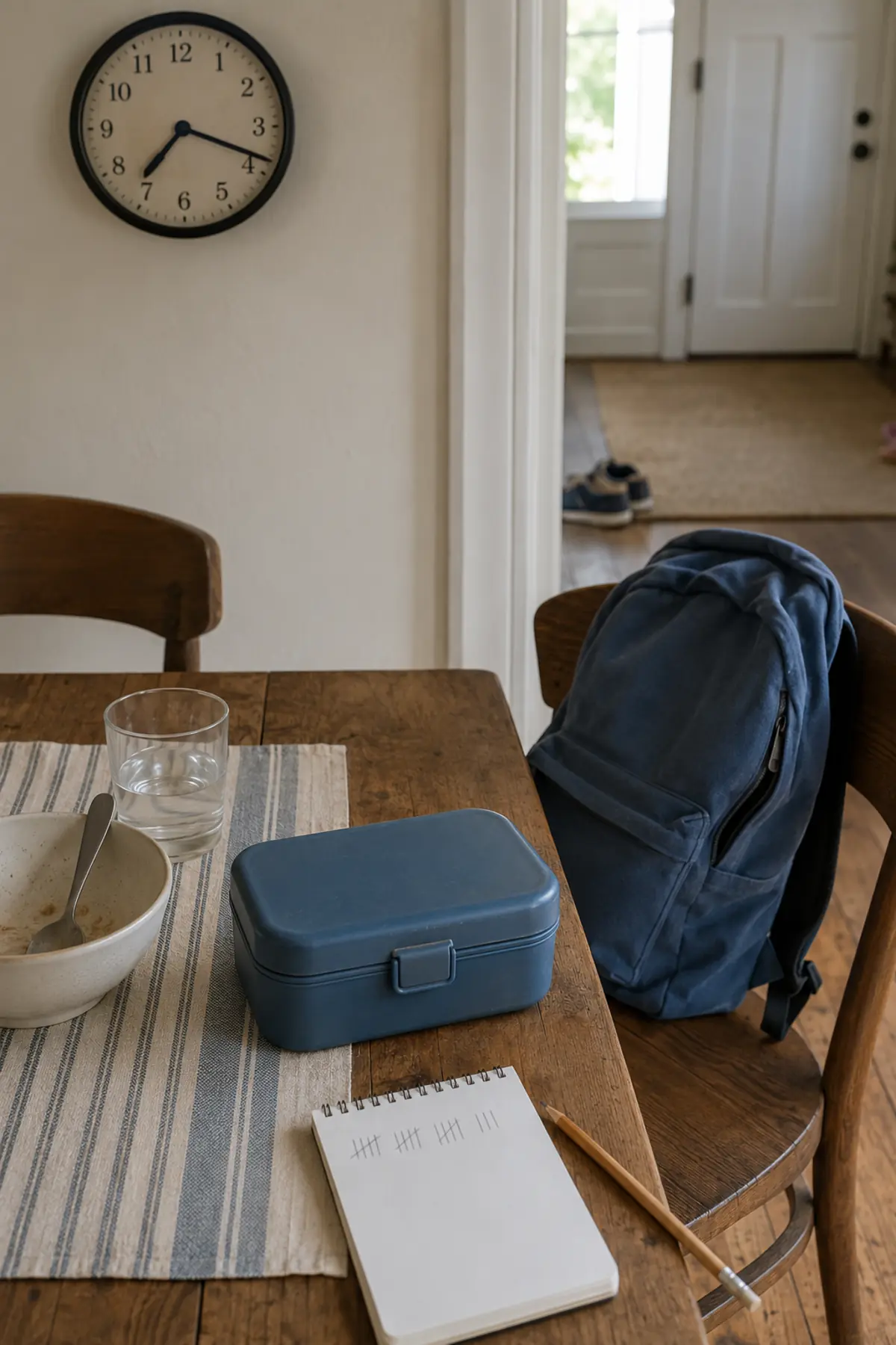 The One-Week School-Morning Trial That Shows What Your Family Routine Is Missing 2 Breakfast table, clock, backpack and tally notebook used to track a school-morning baseline