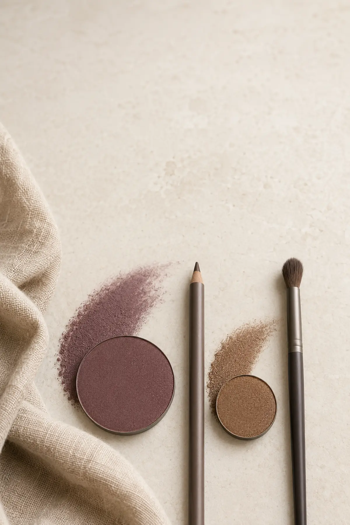 Two-Tone Makeup Is Rising in 2026—The Balanced Version That Still Looks Polished 2 Muted plum and bronze eye makeup pans arranged in a 70/30 ratio with a taupe pencil