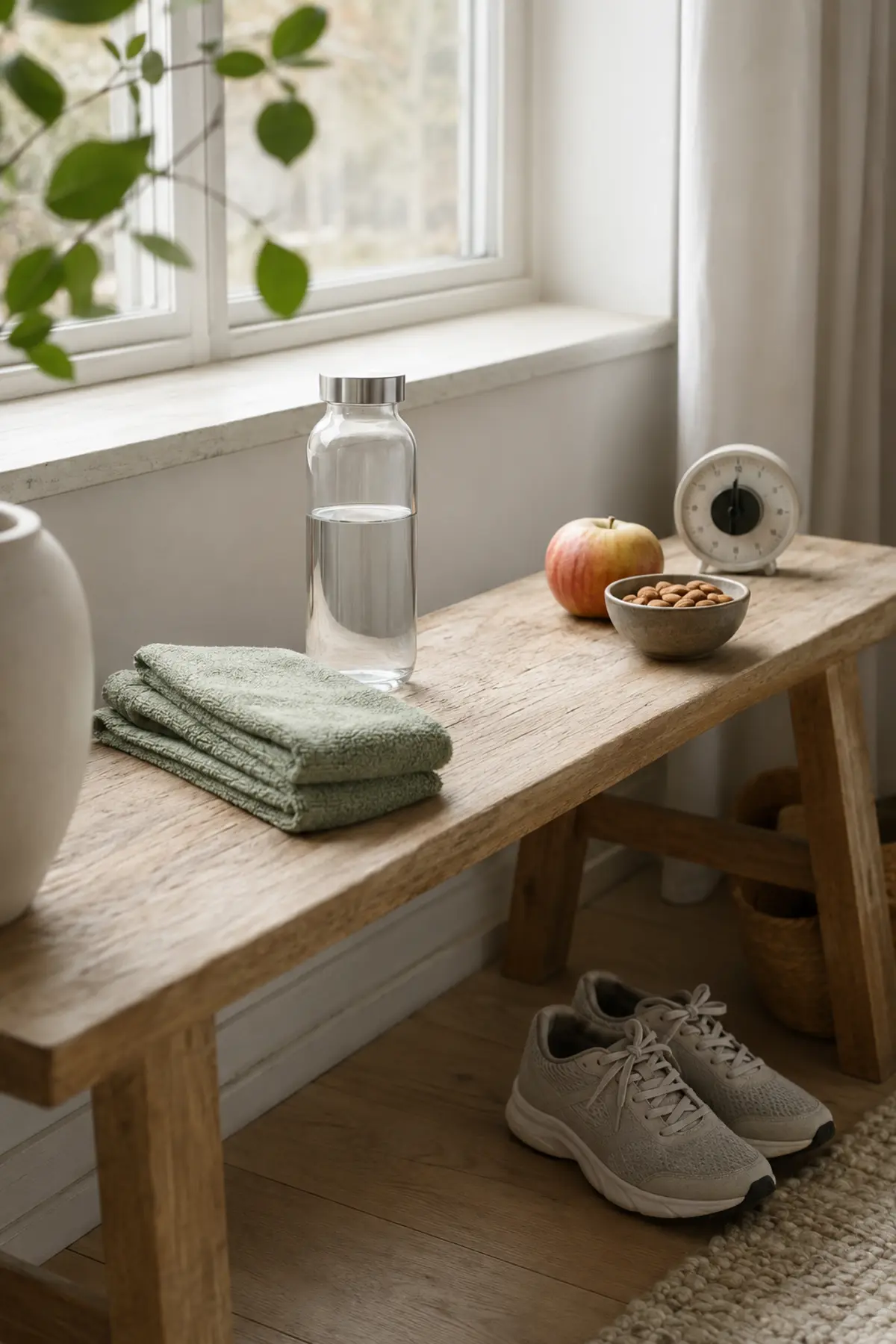 The 20-Minute Weekly Reset That Fits Real Life—Without Giving Up a Whole Day 3 Walking shoes, glass water bottle, folded towels, apple, almonds, and timer on a wooden bench by a bright window