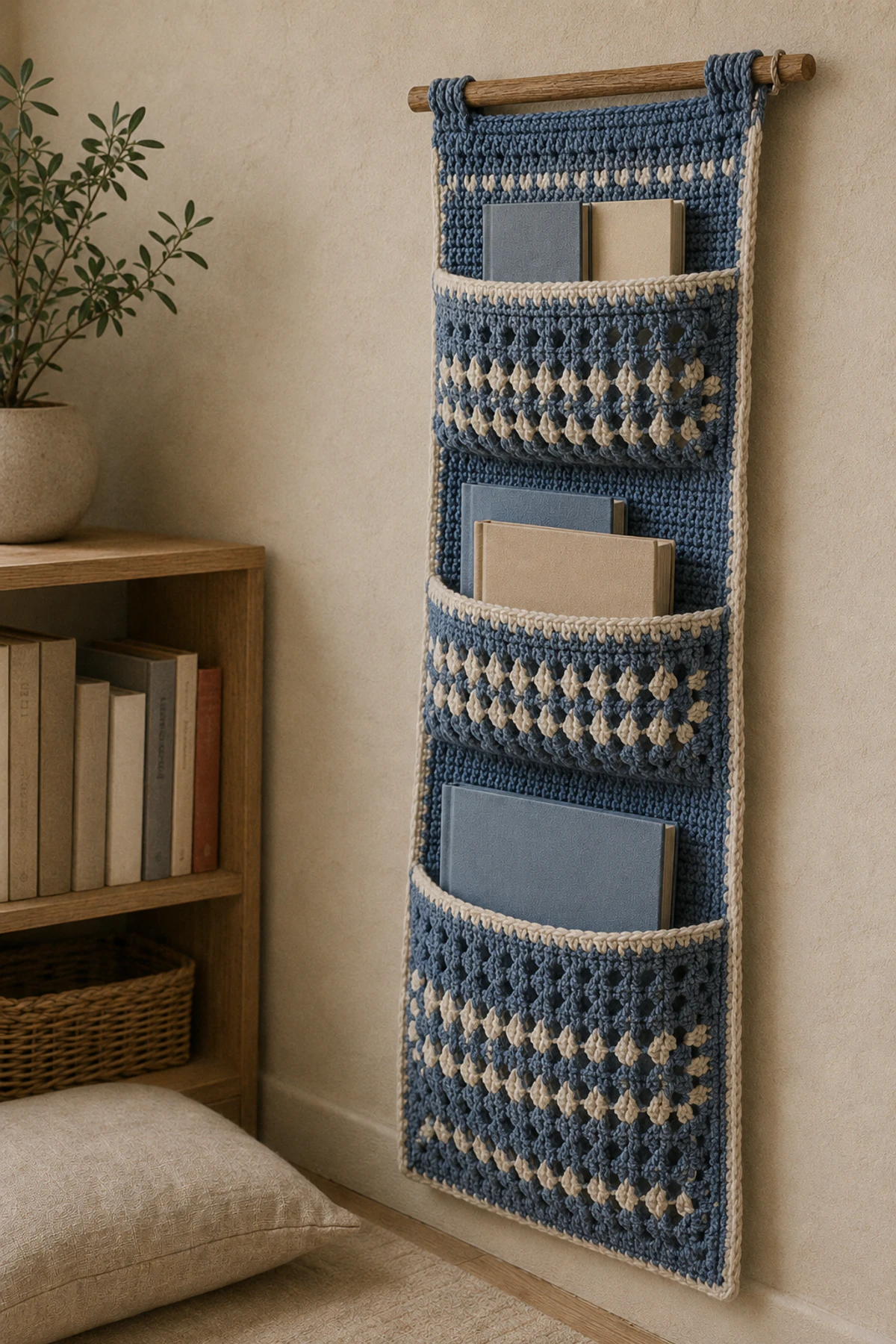 Crochet Book Pockets for Reading Corners—6 Soft Storage Ideas Worth Showing an Artisan 3 Tall blue crochet organizer with three graduated book pockets on a wooden rail