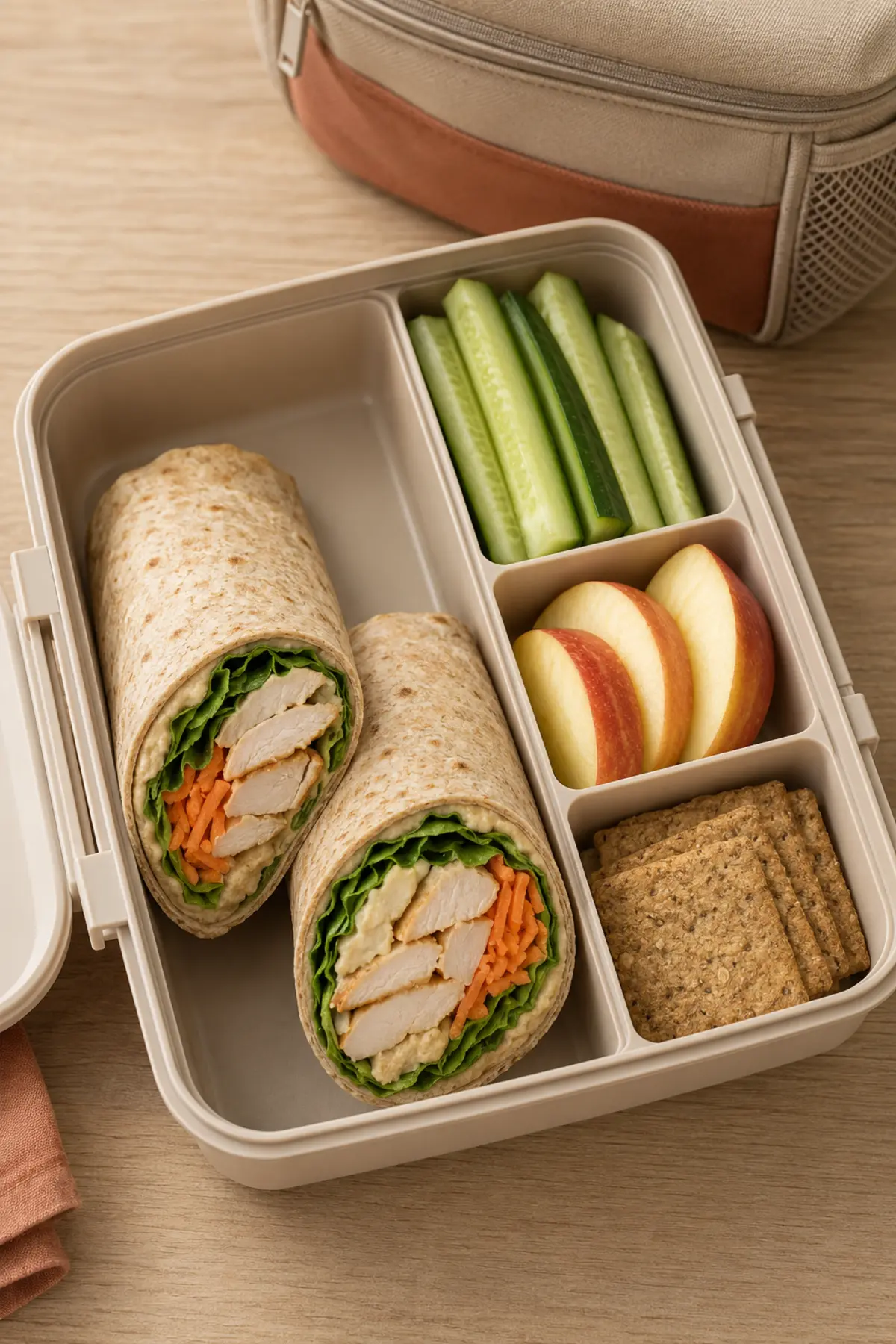 Halal chicken hummus wraps with cucumber, apple slices and whole-grain crackers
