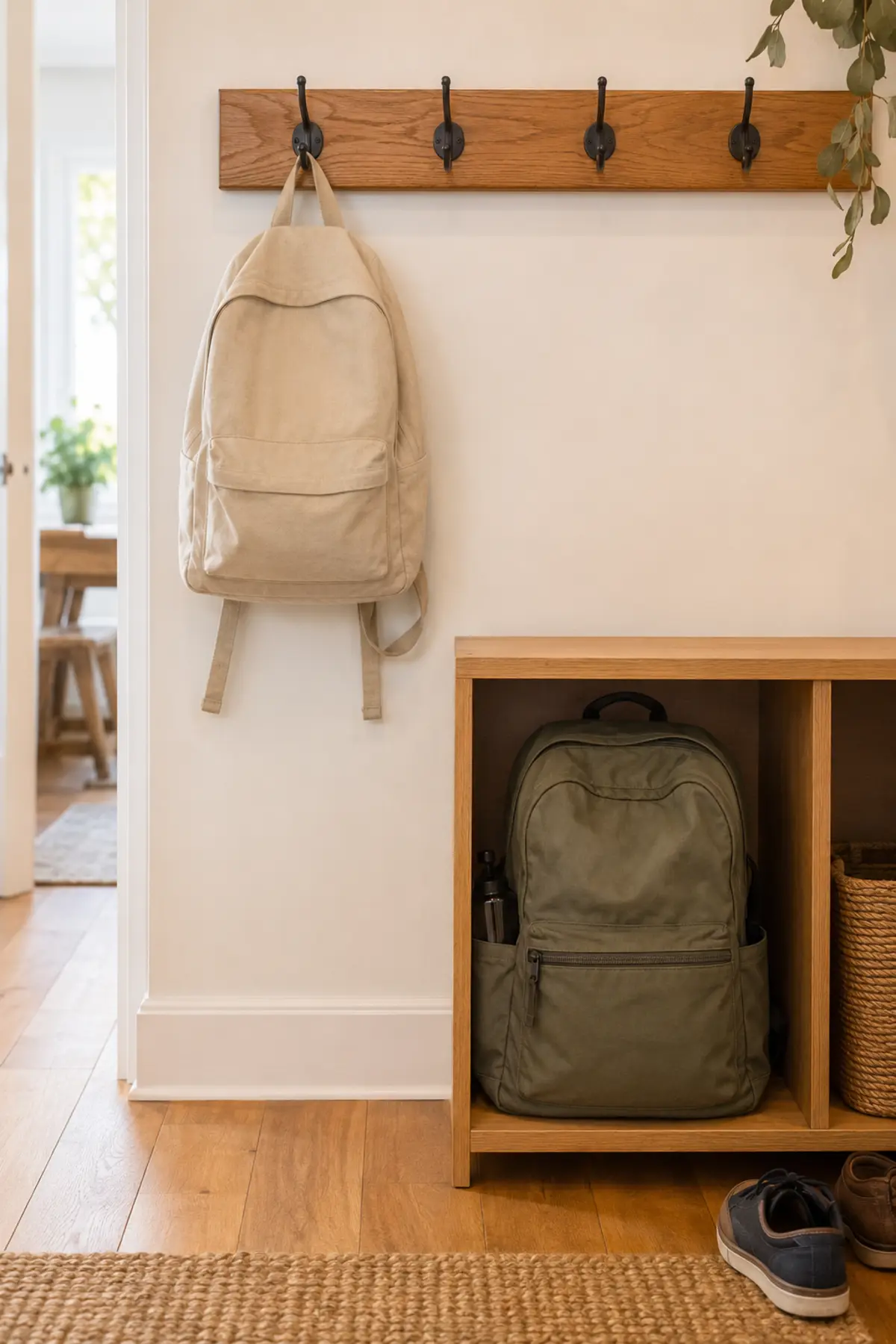Light backpack on a sturdy hook beside a fuller backpack supported in a low cubby