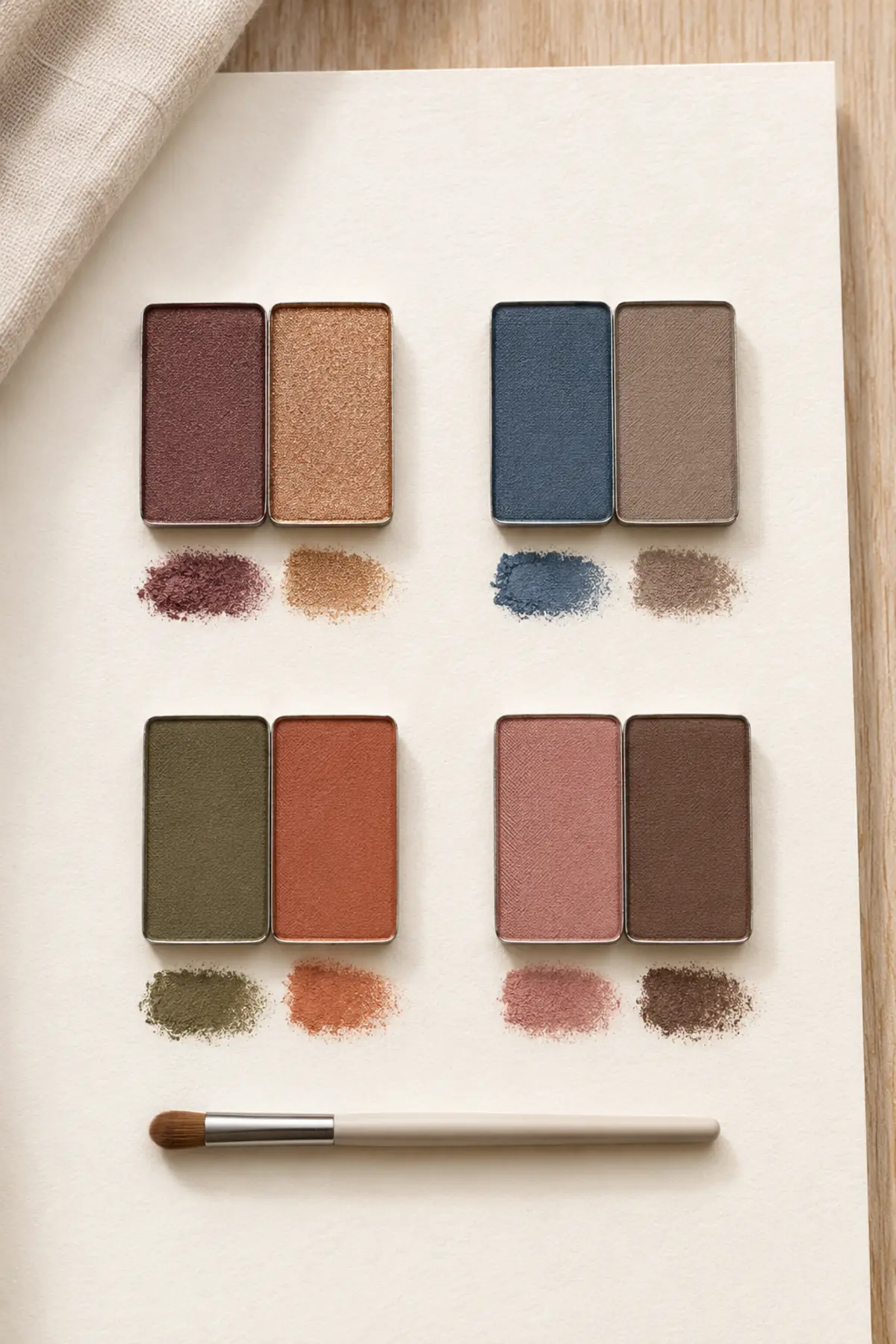 Two-Tone Makeup Is Rising in 2026—The Balanced Version That Still Looks Polished 3 Four unbranded eyeshadow pairs: plum and bronze, denim and taupe, olive and terracotta, rose and cocoa
