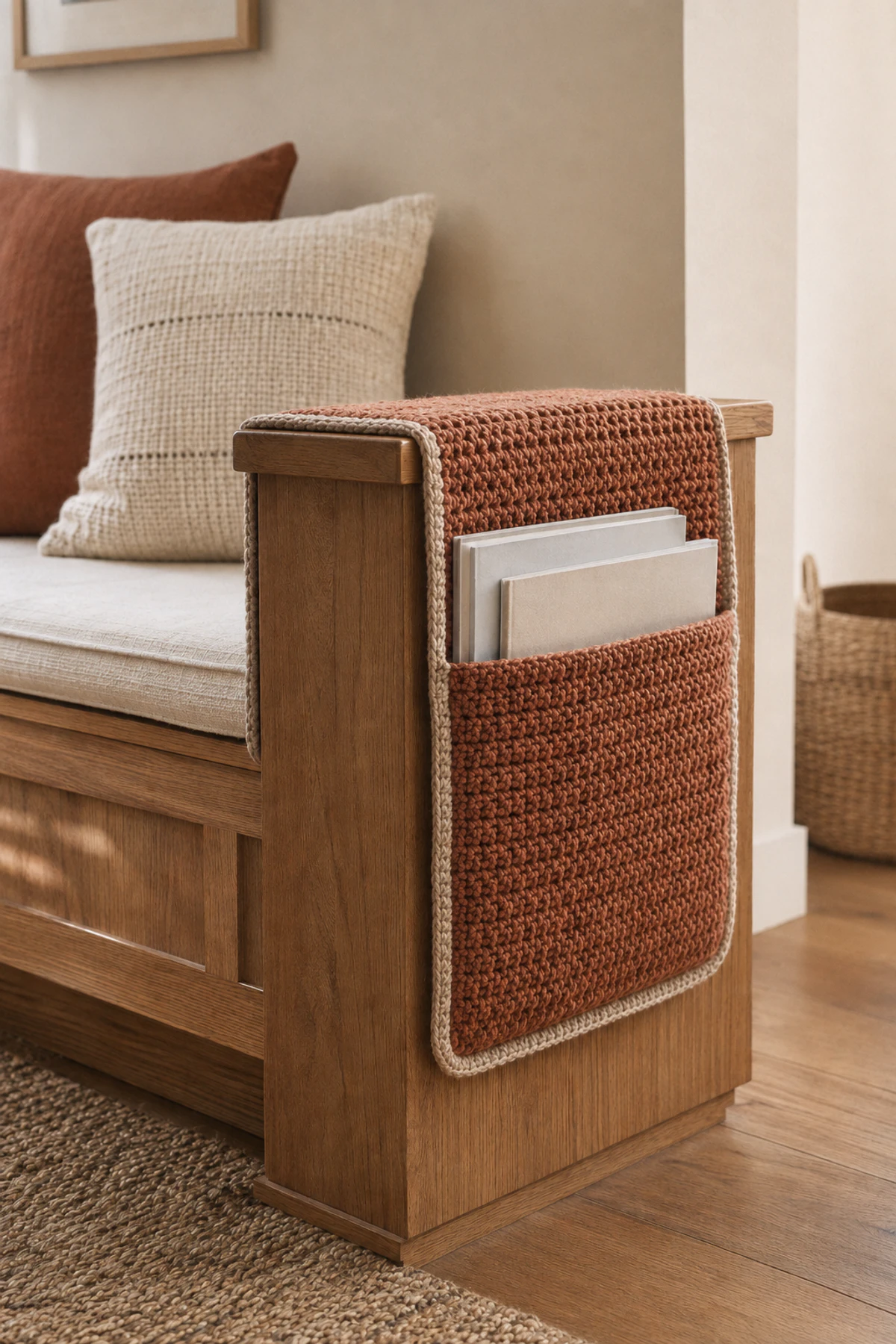 Crochet Book Pockets for Reading Corners—6 Soft Storage Ideas Worth Showing an Artisan 4 Rust crochet book pocket fitted over the solid end of a wooden reading bench