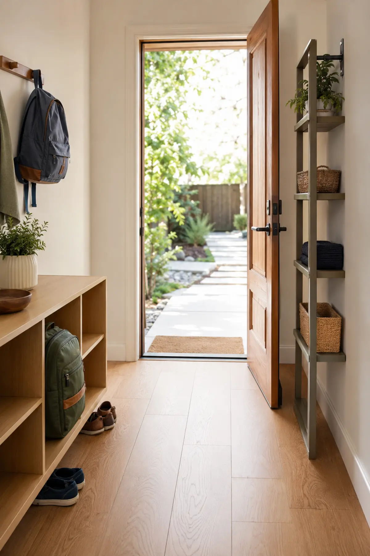 Open entry door and unobstructed walking path beside low school bag storage