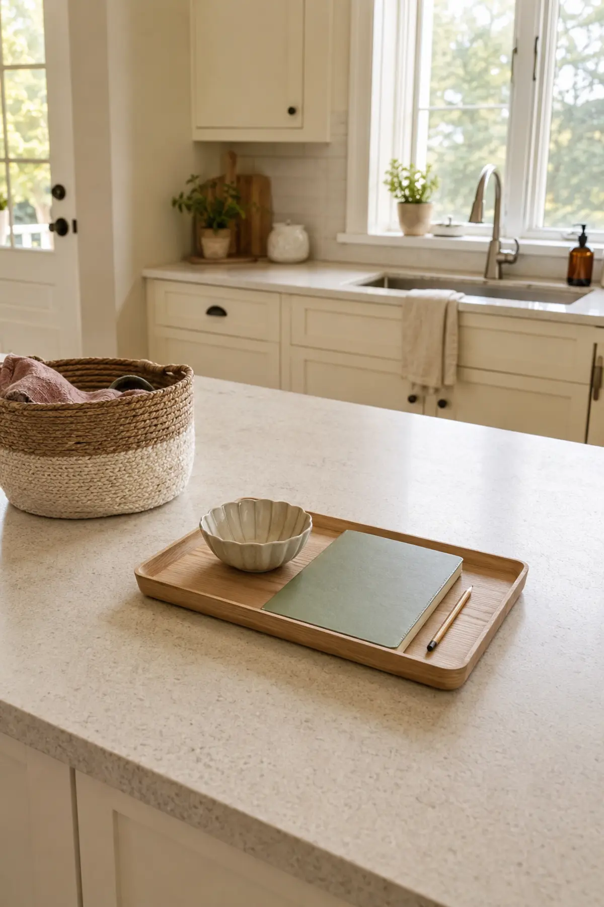 The 15-Minute Summer Kitchen Reset That Makes Back-to-School Mornings Easier 2 Cleared kitchen counter landing strip with a wooden tray and carry-away basket