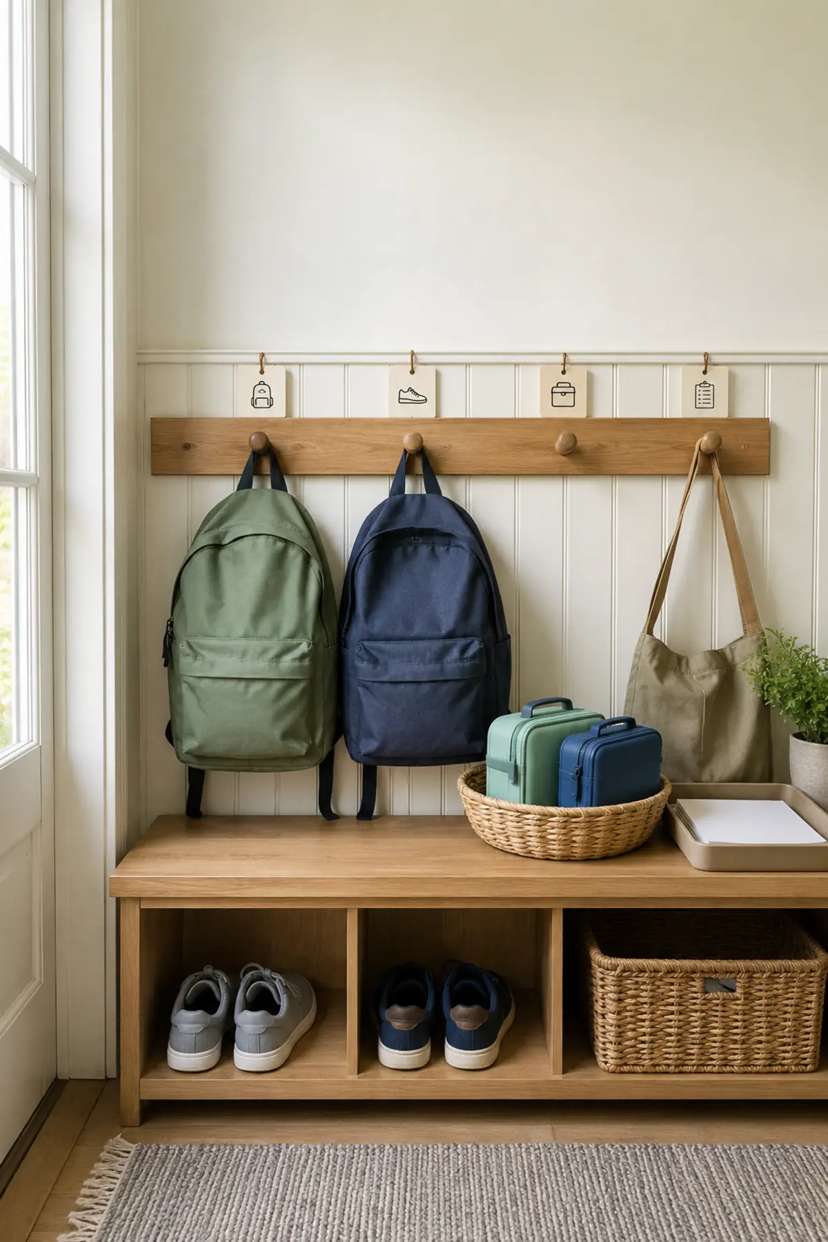 The One-Week School-Morning Trial That Shows What Your Family Routine Is Missing 4 Compact entryway landing zone with backpacks, lunch boxes, school papers and shoes in assigned places