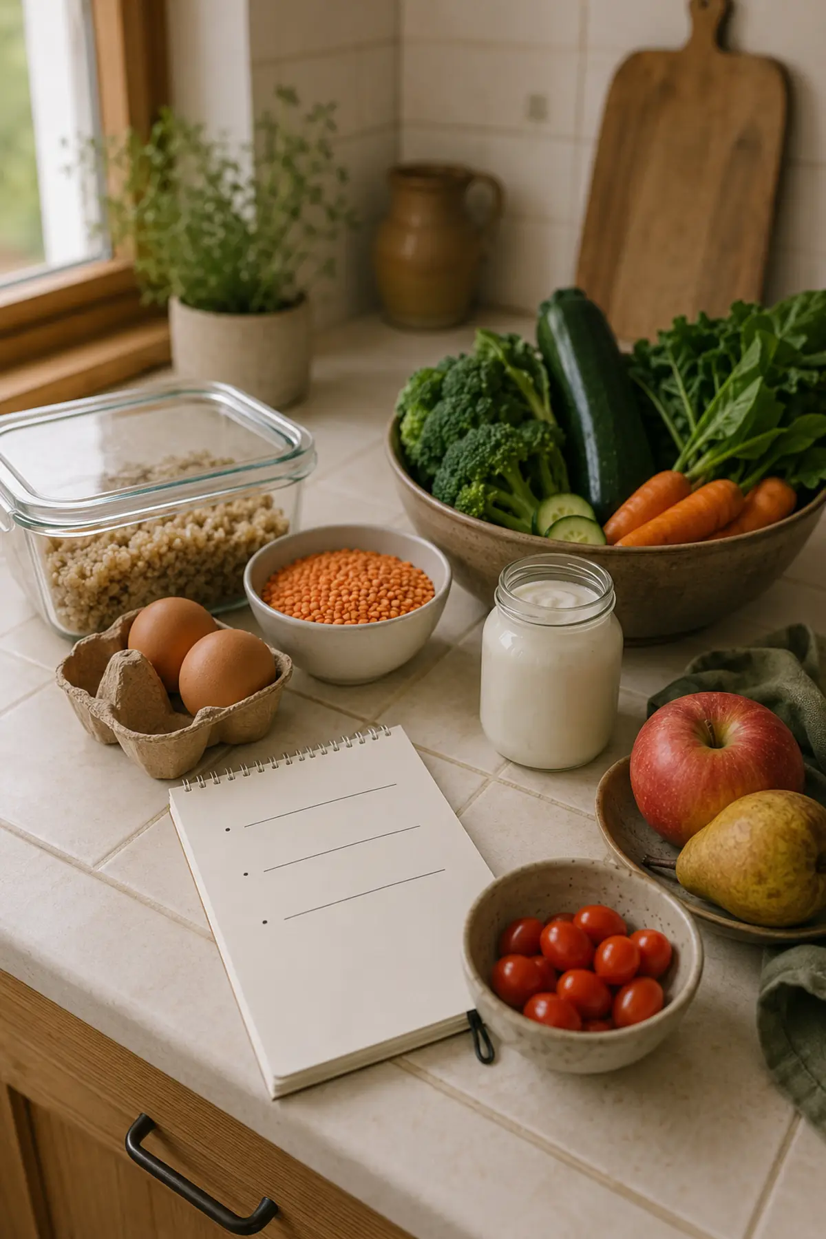 The 20-Minute Weekly Reset That Fits Real Life—Without Giving Up a Whole Day 4 Grains, lentils, eggs, vegetables, fruit, plain yogurt, and a blank three-line notepad on a warm kitchen counter