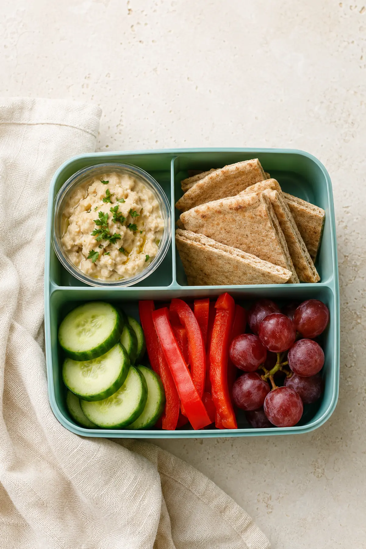 White bean spread with pita triangles, cucumber, red pepper and grapes in a lunchbox