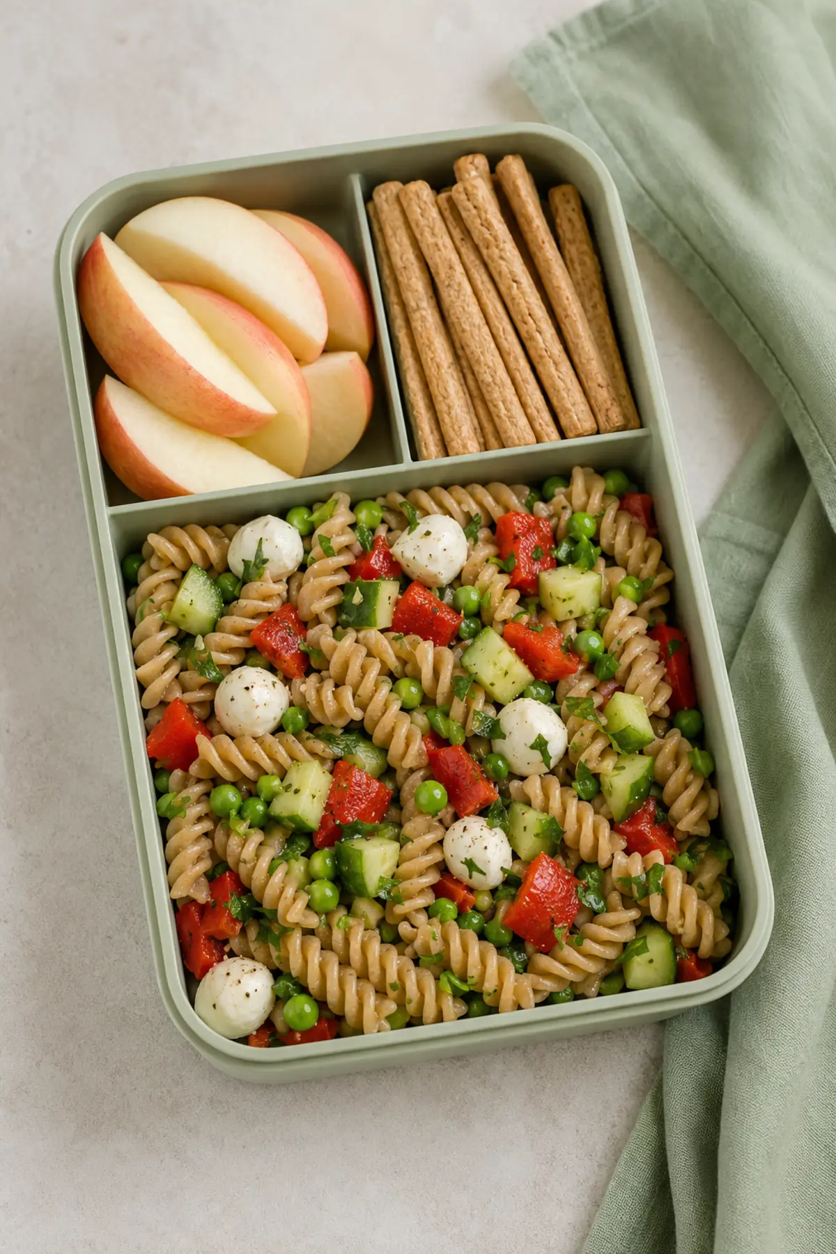 Cold whole-grain pasta with peas, cucumber, red pepper, mozzarella, apples and breadsticks