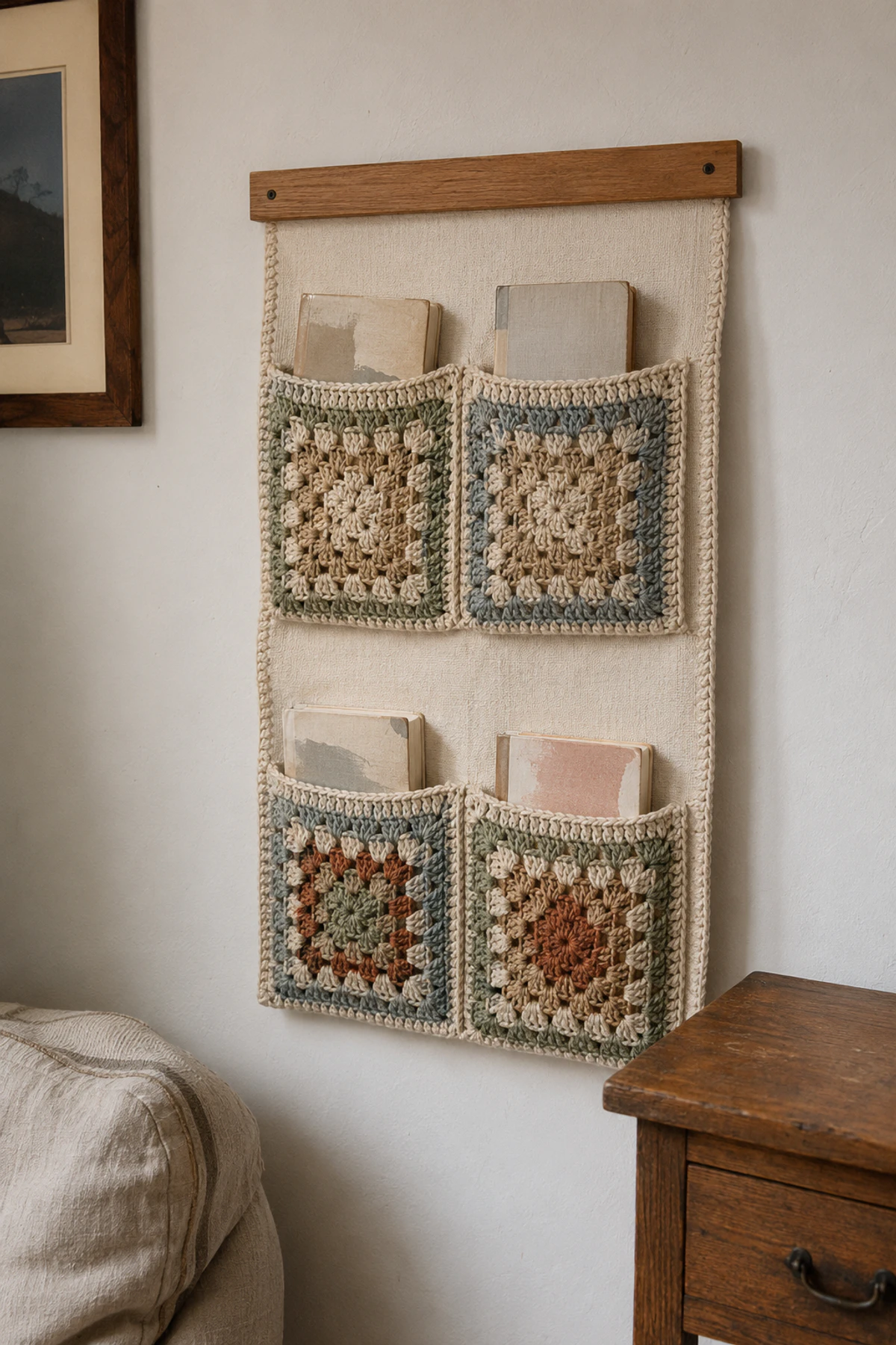 Crochet Book Pockets for Reading Corners—6 Soft Storage Ideas Worth Showing an Artisan 5 Four granny-square crochet book pockets on a cream fabric-backed wall panel