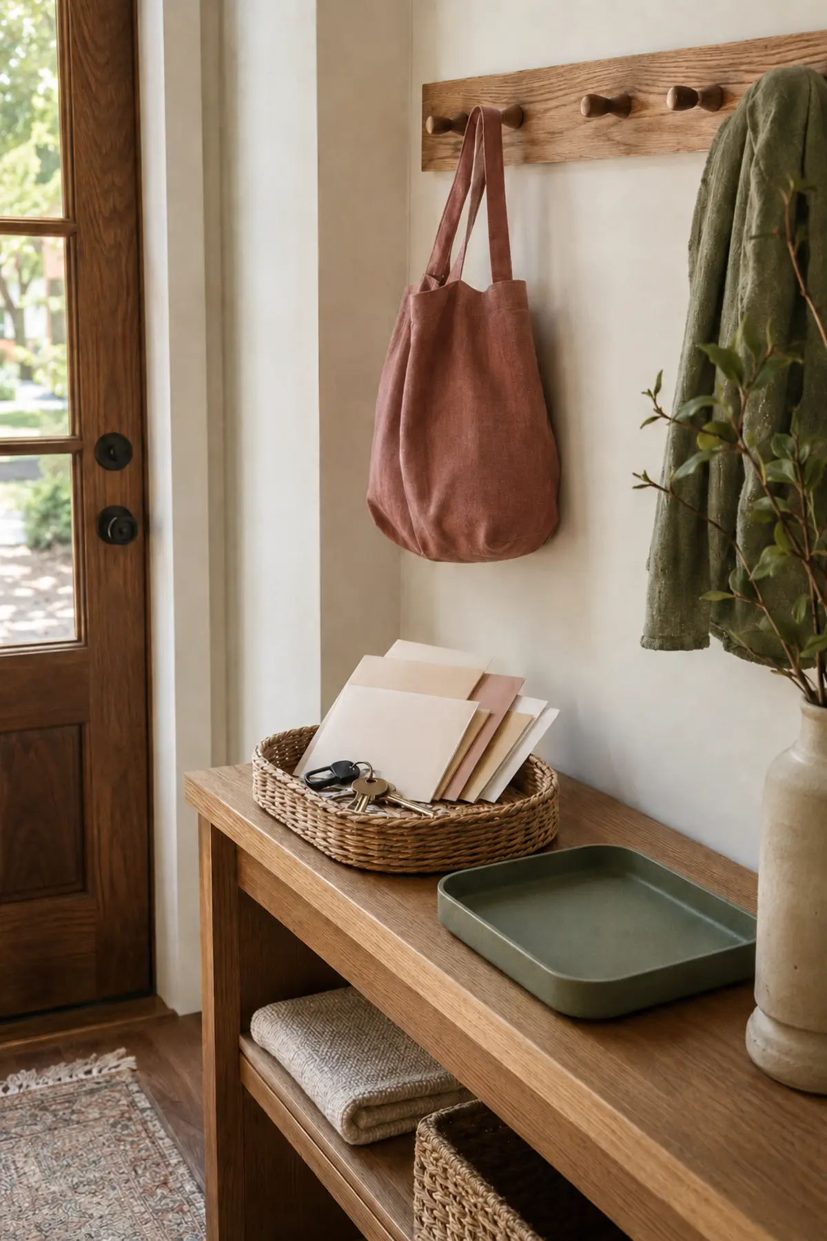The 20-Minute Weekly Reset That Fits Real Life—Without Giving Up a Whole Day 5 Small entryway with blank mail, keys in a wicker basket, reusable tote, folded cloth, and an empty green tray