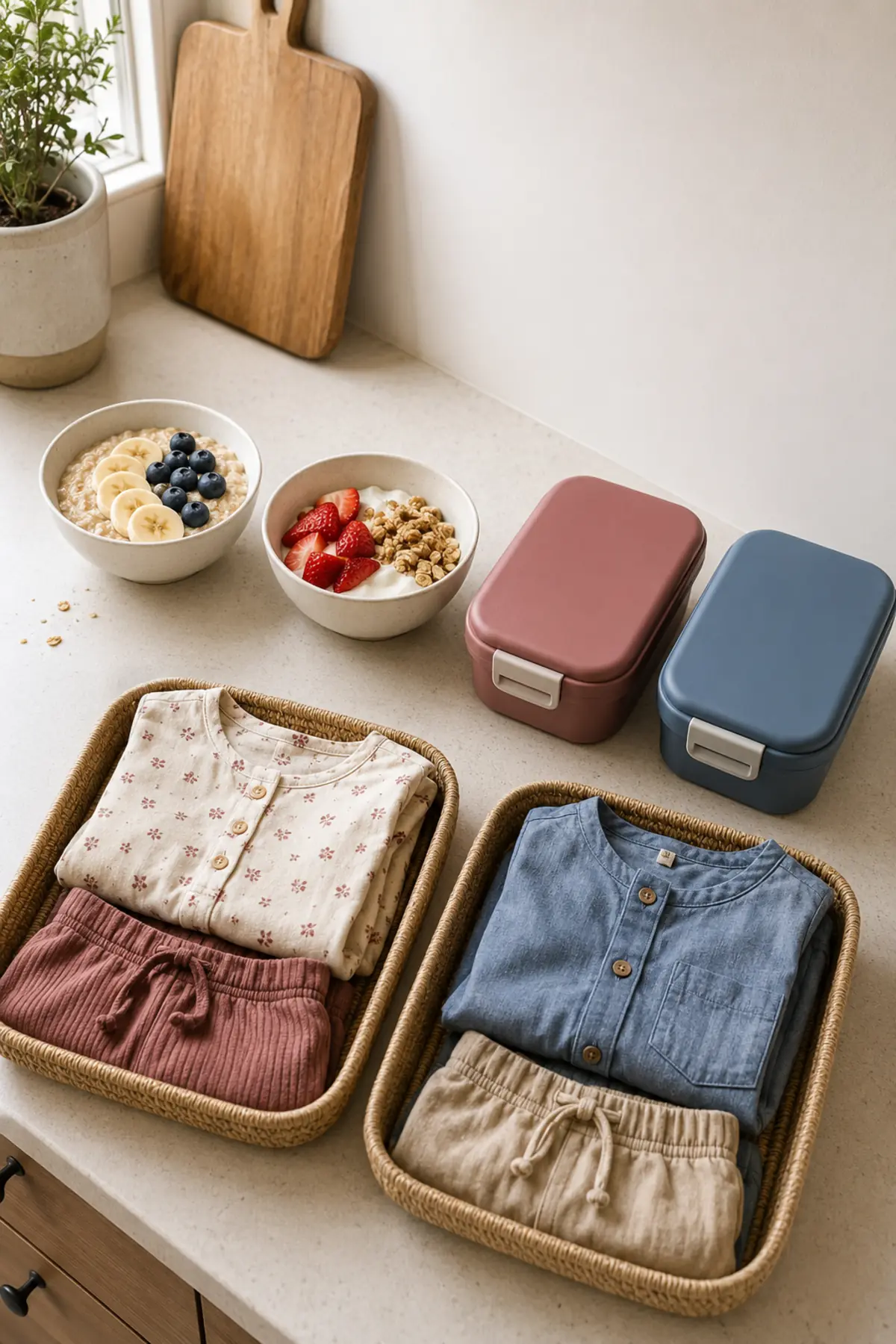 The One-Week School-Morning Trial That Shows What Your Family Routine Is Missing 5 Two breakfast options, two lunch boxes and two modest outfit choices prepared for a school morning