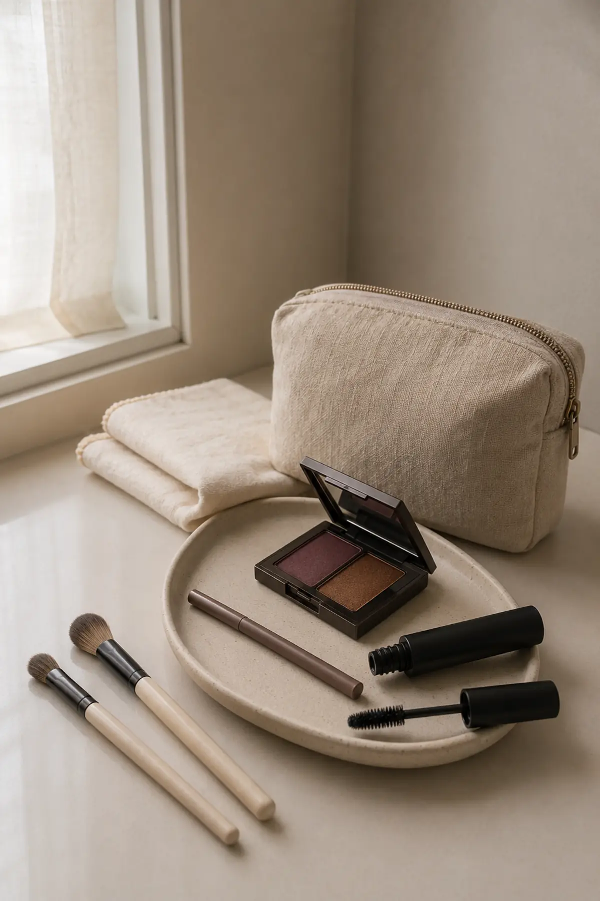 Two-Tone Makeup Is Rising in 2026—The Balanced Version That Still Looks Polished 5 Unbranded plum and bronze eye makeup arranged on a quiet home vanity