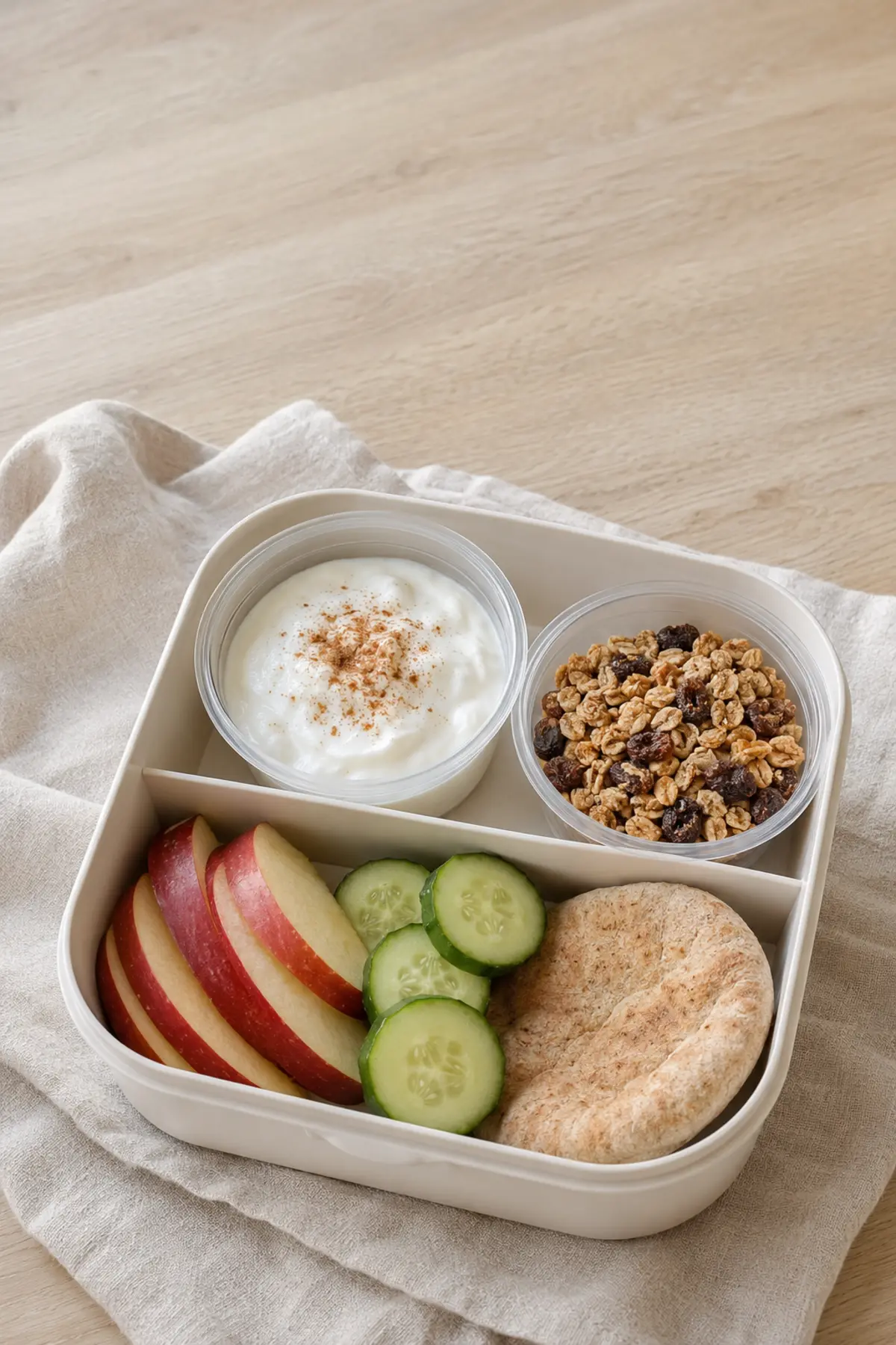 Yogurt and toasted oats kept separate with apple, cucumber and whole-grain pita