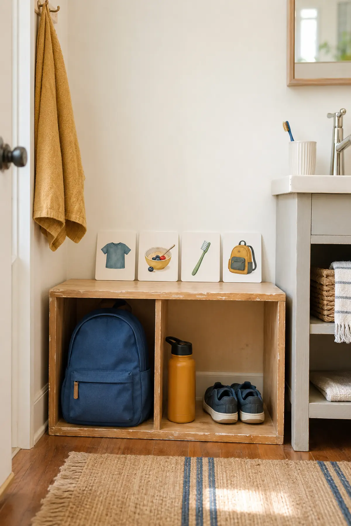 The One-Week School-Morning Trial That Shows What Your Family Routine Is Missing 6 Low child-height station with icon cards, backpack, water bottle, shoes and toothbrush