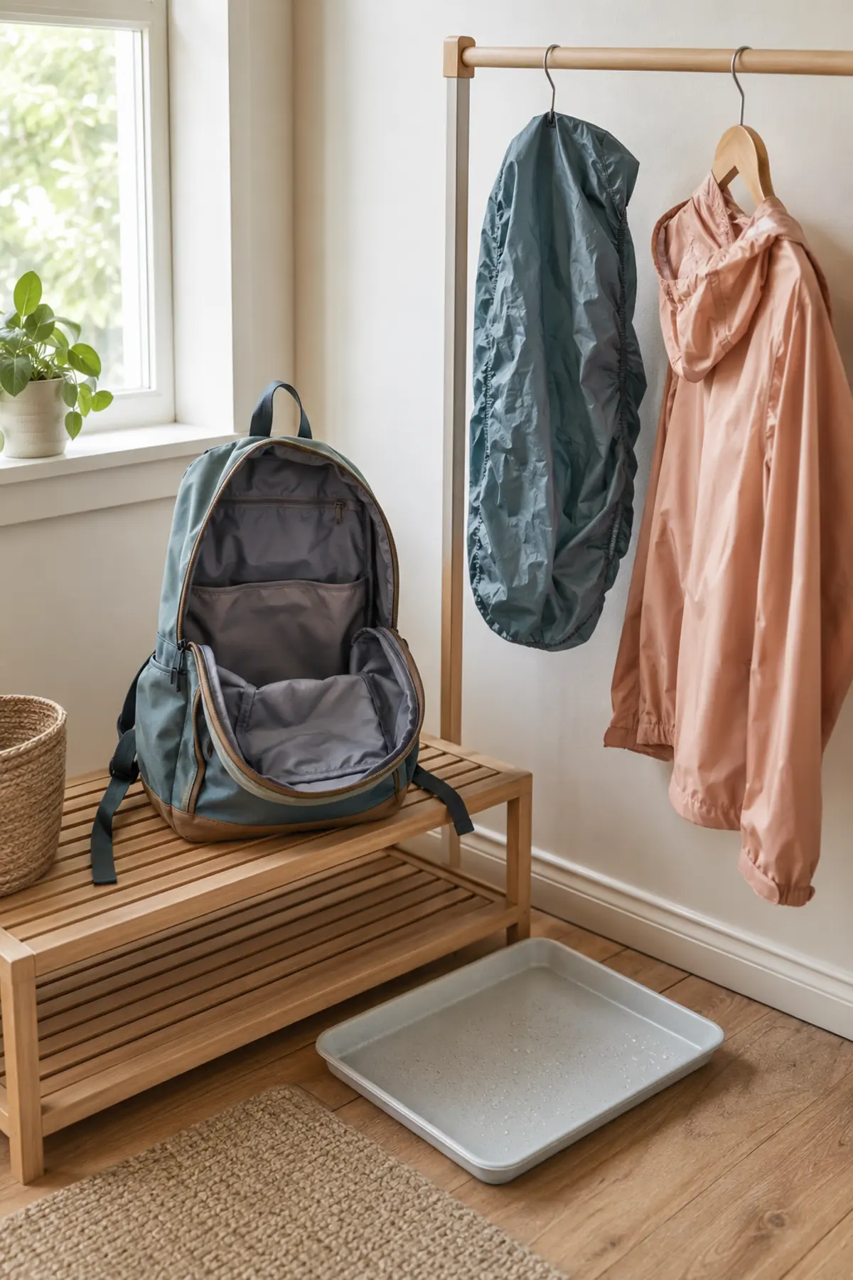 Open backpack drying on a slatted shelf with rain cover and outer layer hung separately