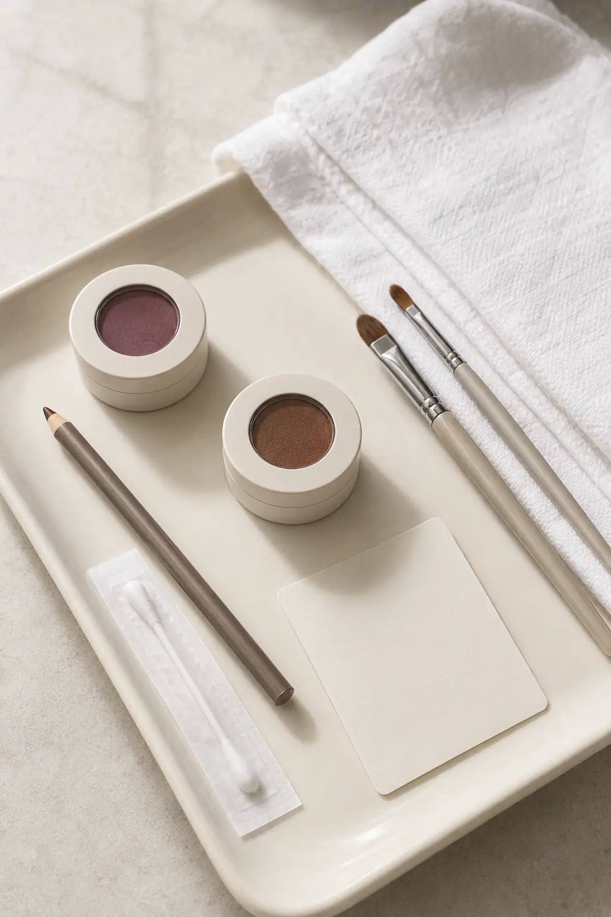 Two-Tone Makeup Is Rising in 2026—The Balanced Version That Still Looks Polished 6 Two eyeshadow pots, clean brushes, a taupe pencil and a single-use cotton swab on a tray