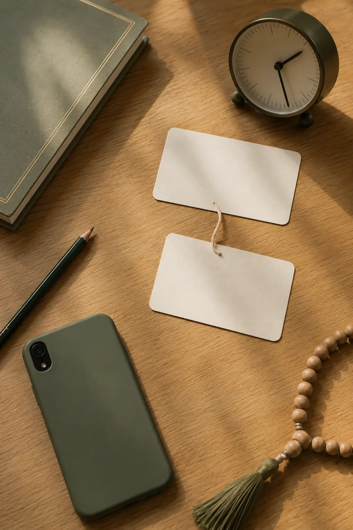 The 20-Minute Weekly Reset That Fits Real Life—Without Giving Up a Whole Day 6 Two blank linked cards, face-down phone, clock, pencil, closed planner, and wooden misbaha on a sunlit table