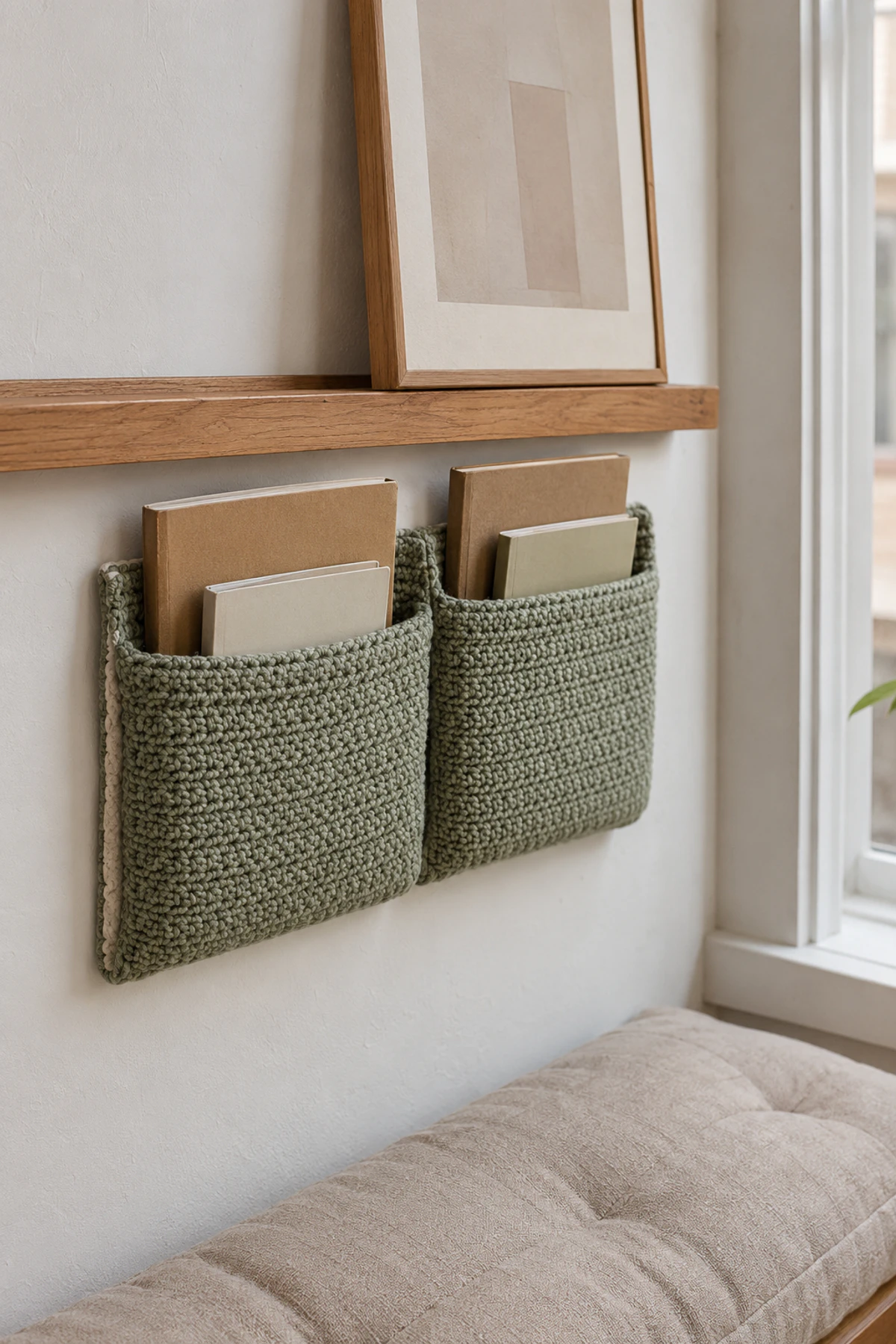Crochet Book Pockets for Reading Corners—6 Soft Storage Ideas Worth Showing an Artisan 6 Two shallow sage crochet book pockets mounted beneath a fixed oak picture ledge