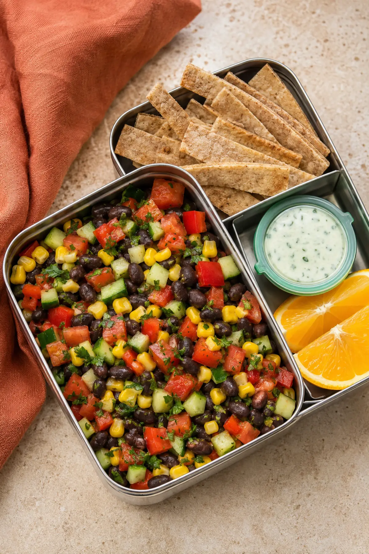Black bean and corn lunchbox with vegetables, tortilla strips, yogurt dip and orange