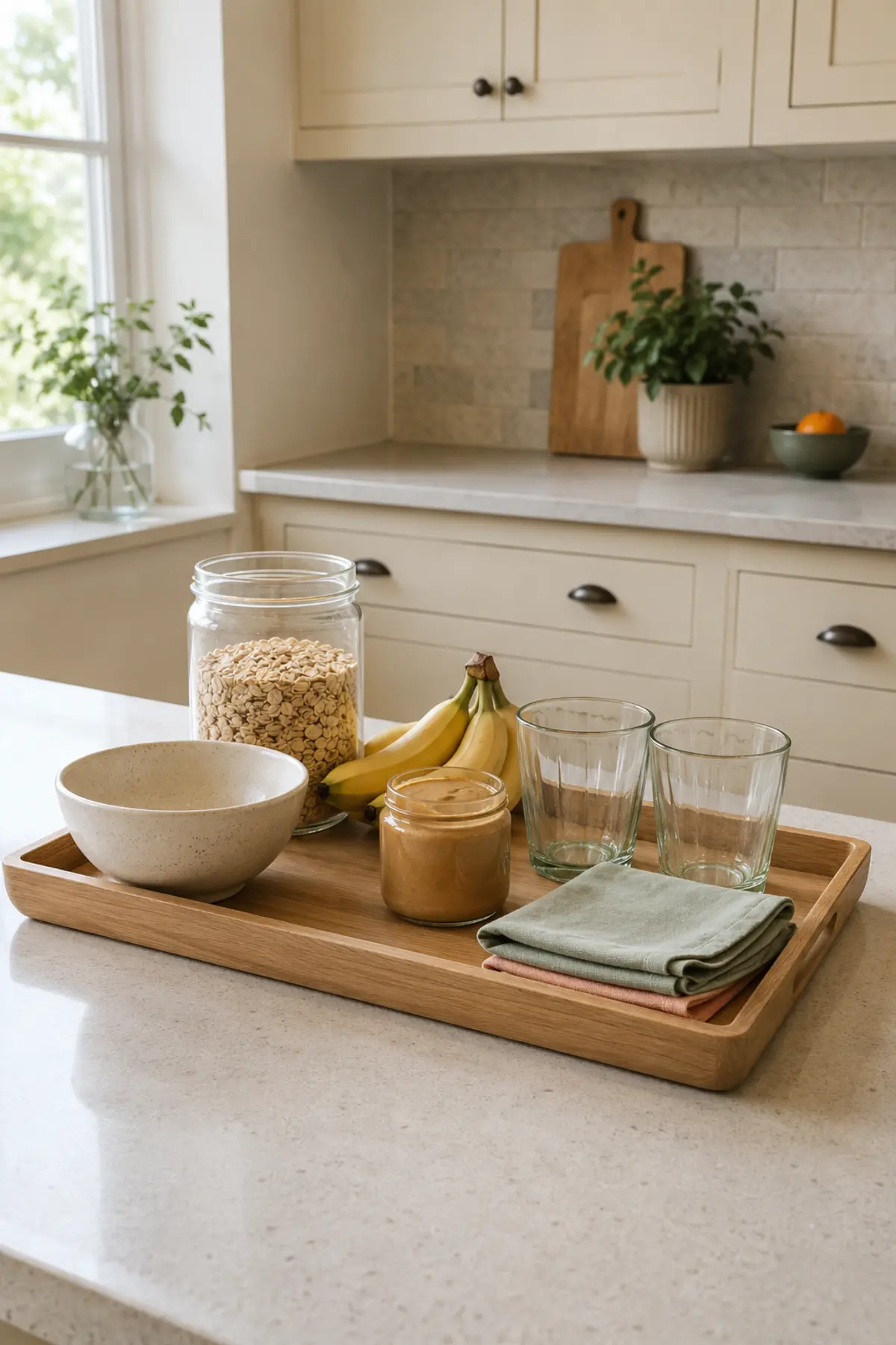 The 15-Minute Summer Kitchen Reset That Makes Back-to-School Mornings Easier 3 Simple breakfast tray with oats bananas bowl glasses and folded napkins