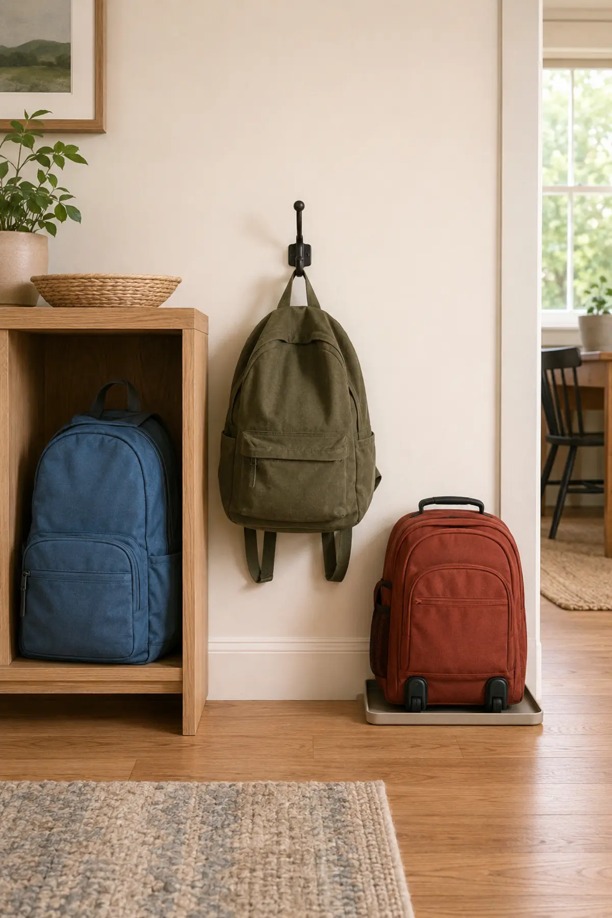 Structured backpack in a cubby, light backpack on a hook, and wheeled school bag on a floor tray