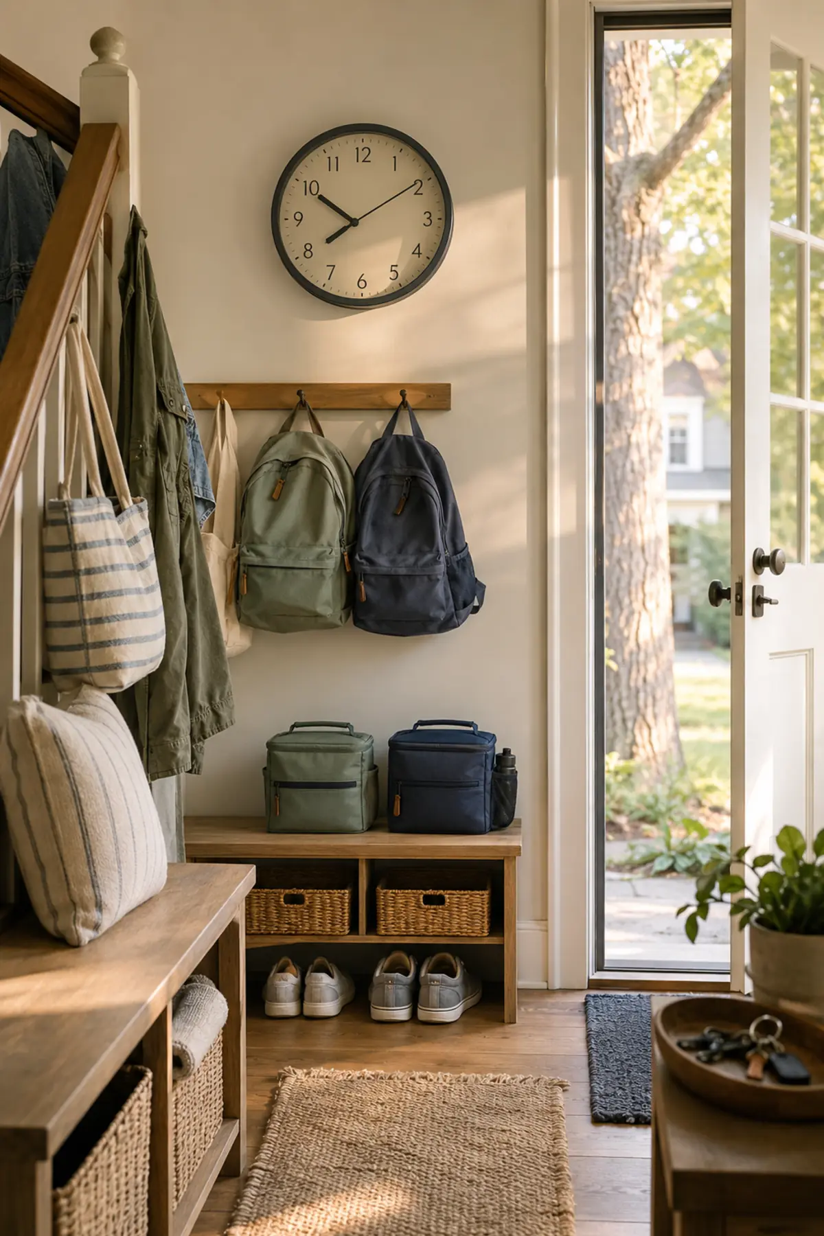 The One-Week School-Morning Trial That Shows What Your Family Routine Is Missing 7 Ready entryway with clock, backpacks, lunch boxes and shoes prepared ten minutes before departure