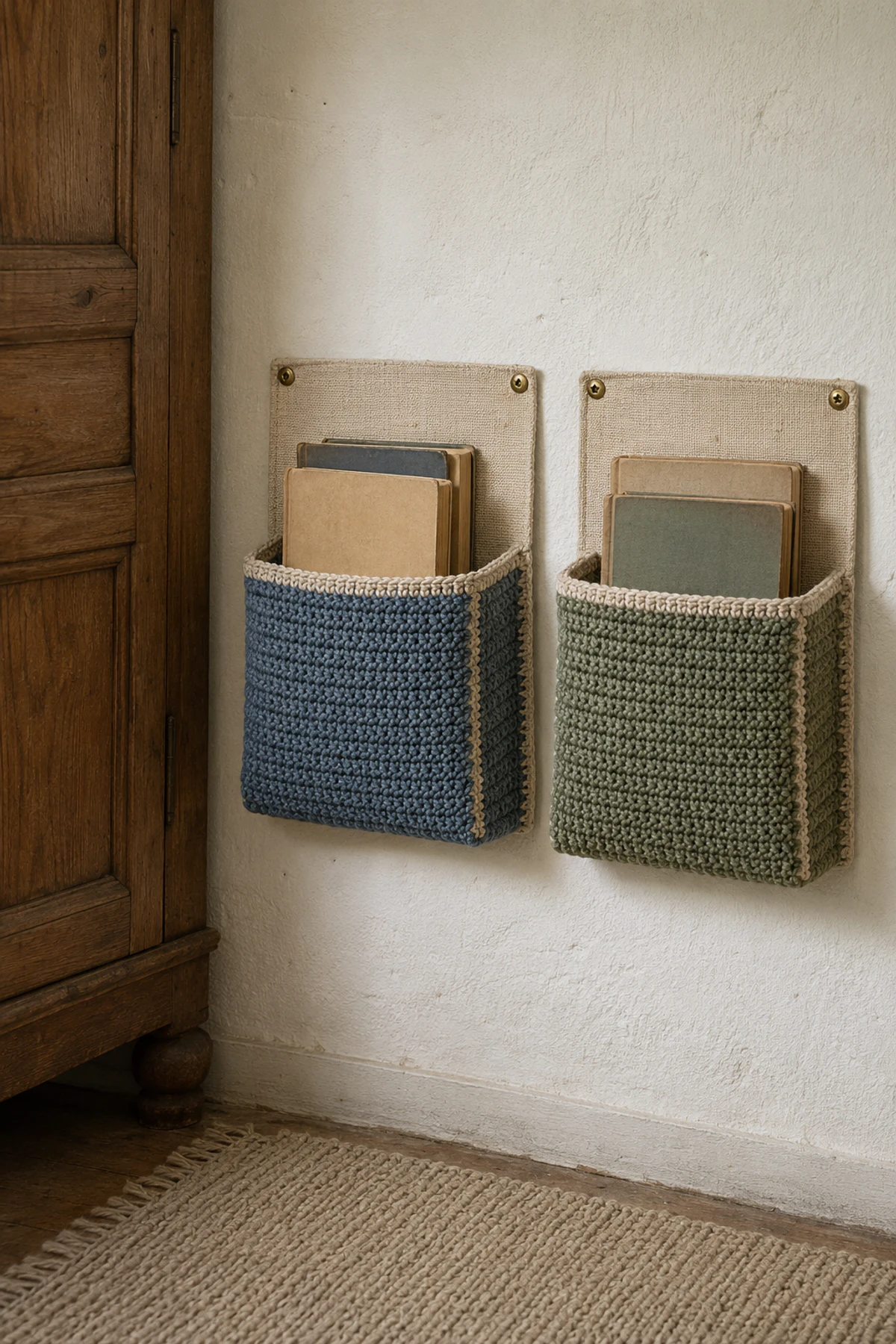 Crochet Book Pockets for Reading Corners—6 Soft Storage Ideas Worth Showing an Artisan 7 Separate dusty blue and sage crochet book pockets for two readers