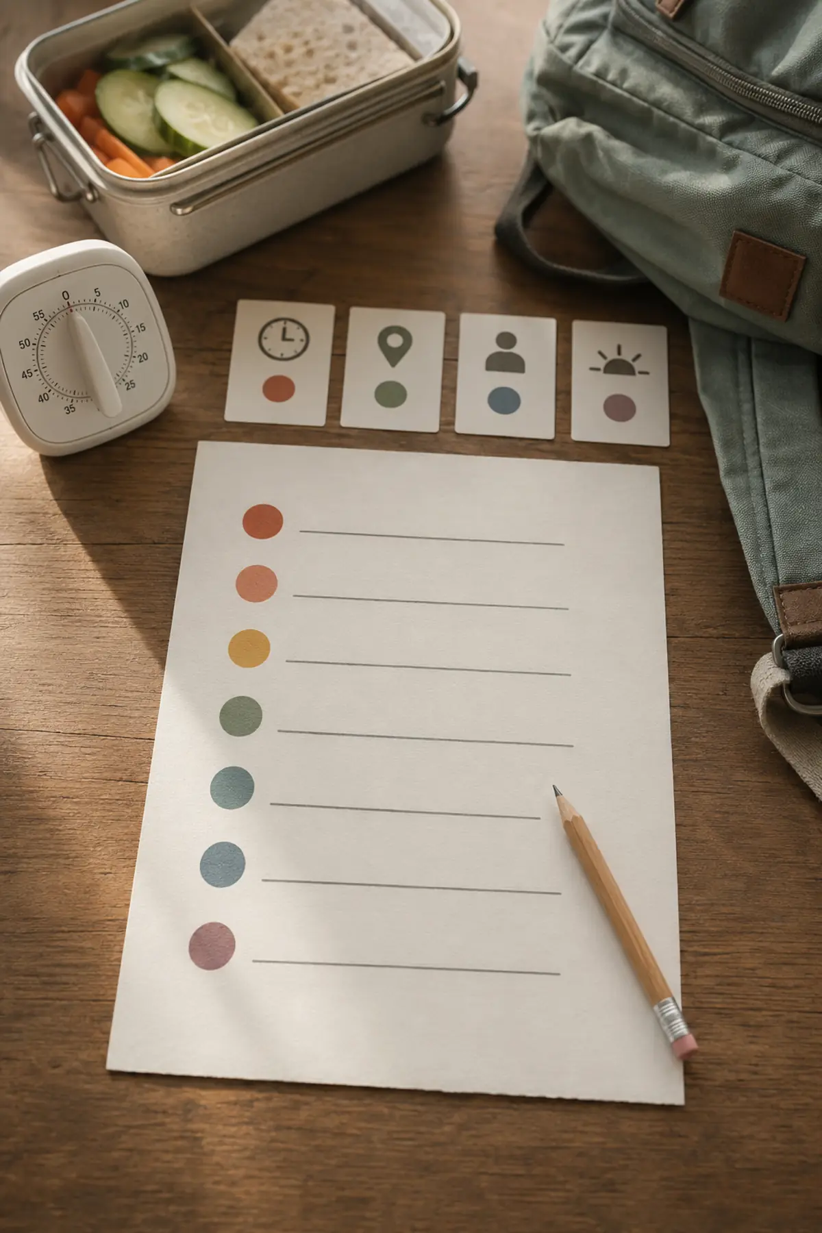 The One-Week School-Morning Trial That Shows What Your Family Routine Is Missing 8 Seven-row family routine scorecard with coloured dots, timer, pencil, lunch box and backpack