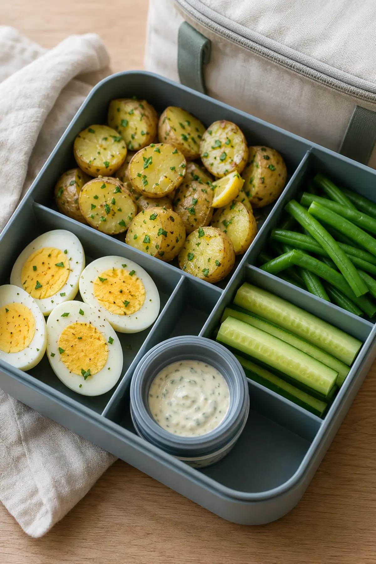 Hard-boiled eggs, herbed baby potatoes, green beans, cucumber and yogurt dip