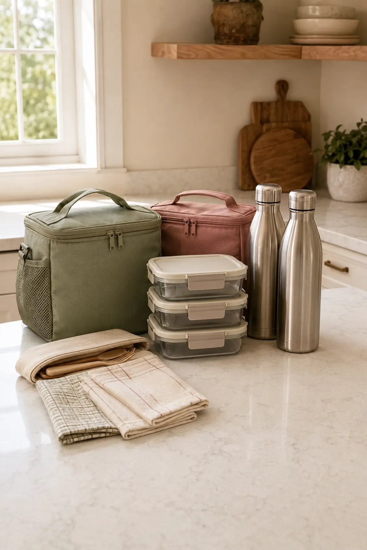 The 15-Minute Summer Kitchen Reset That Makes Back-to-School Mornings Easier 4 Two insulated lunch bags with reusable containers water bottles napkins and utensils