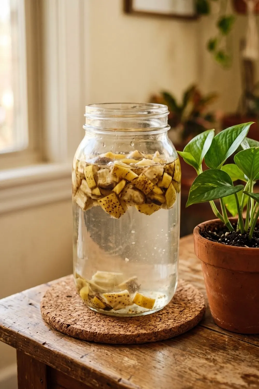 What to Do With Banana Peels: Six Practical Uses Around the Home 2 Tall glass mason jar filled with water and chopped banana peel pieces sitting beside a small houseplant in a terracotta pot