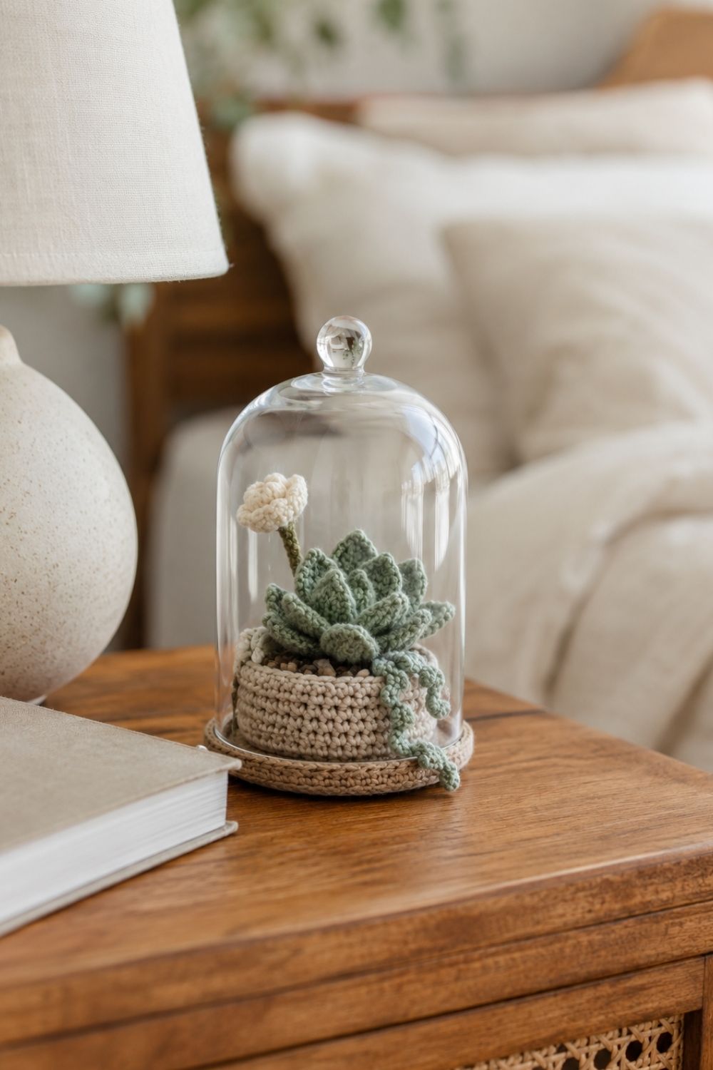 Miniature Crochet Terrariums You’ll Want in Every Room 2 A small crochet succulent terrarium on a neutral bedroom nightstand beside a lamp and book.